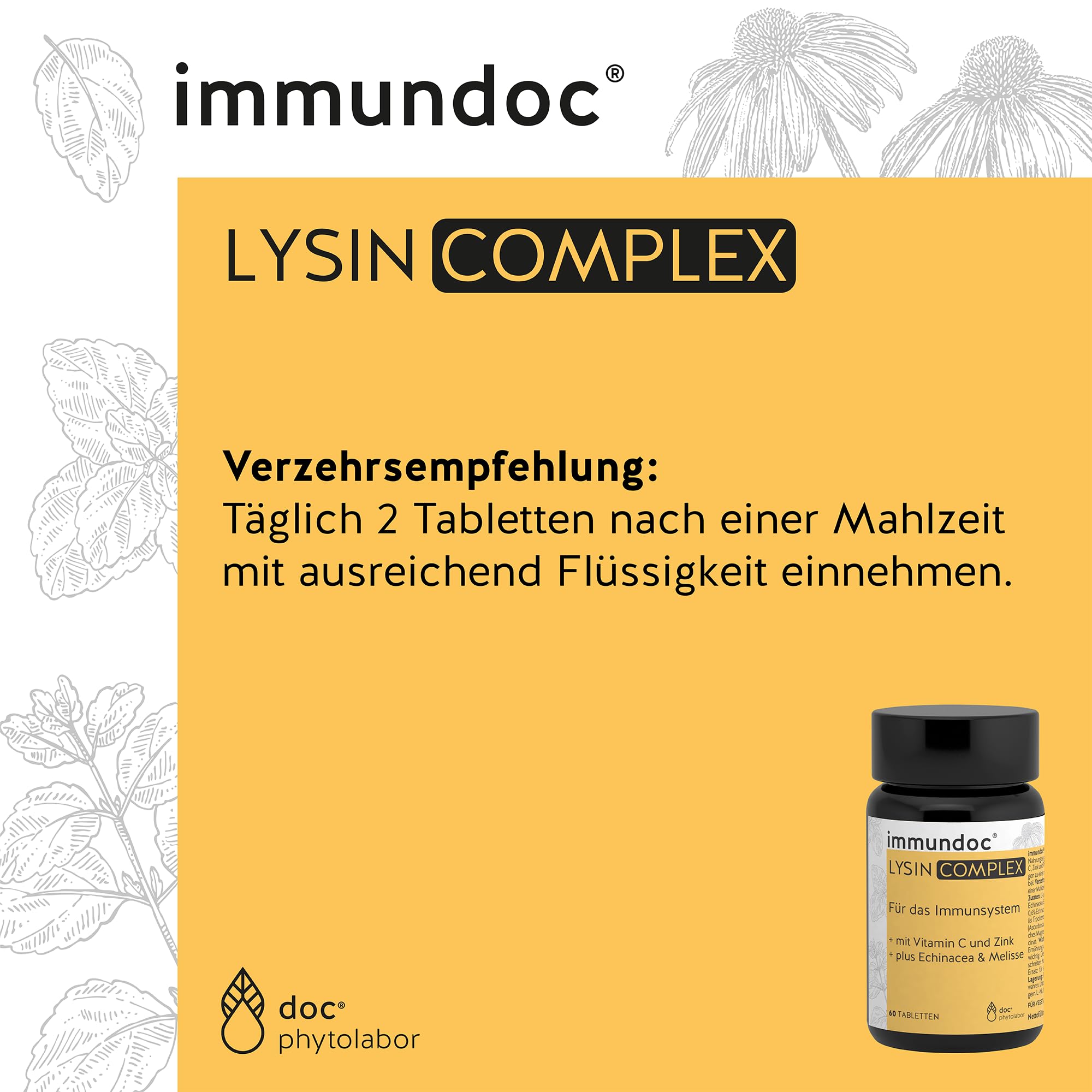 immundoc LYSIN COMPLEX, L-Lysin Tabletten, 60 Stück, mit 1000 mg L-Lysin pro Tagesdosis, mit Vitamin C, Zink und Pflanzenextrakten, glutenfrei und laktosefrei