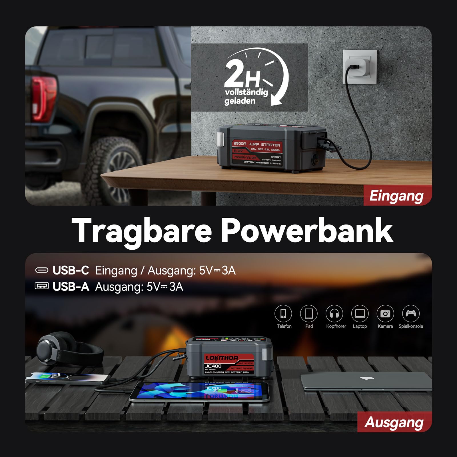 LOKITHOR JC400 9-in-1 Batterieladegerät mit Starthilfe Powerbank für Pkw, 2500A 12V Autostarter Powerpack für Autos bis 8,5L Benzin/6,5L Diesel, 6V/12V Autobatterie-Erhaltungsladegerät und Desulfator