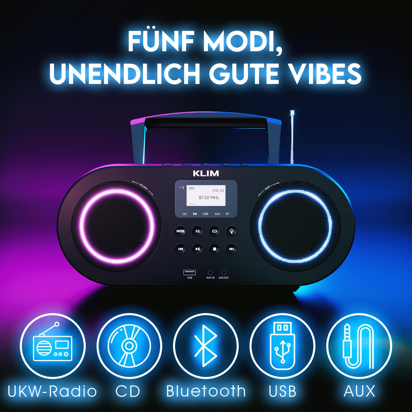 KLIM Boombox B5 Radio mit CD Player + FM Radio, Bluetooth, AUX, USB + NEU + CD Player tragbar mit kabellosem Modus und aufladbaren Akku + CD-Player mit Autosleep, Digital EQ