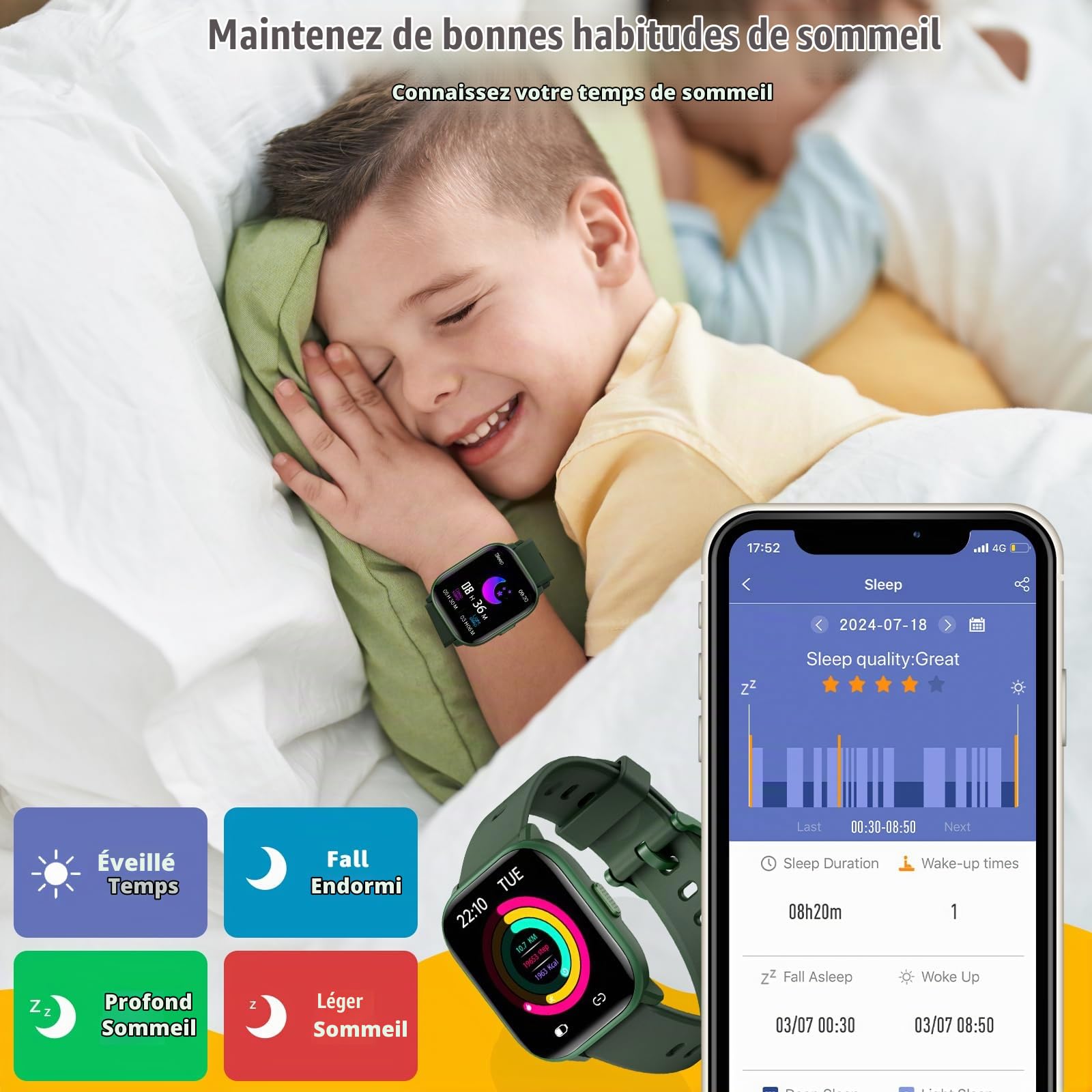 Enfants smartwatch, Montre pour Enfants Filles garçons 20 Modes de Sport, podomètre, Moniteur de Sommeil, Enfants Sport Montre Cadeau d'anniversaire Cadeau pour Les Filles garçons