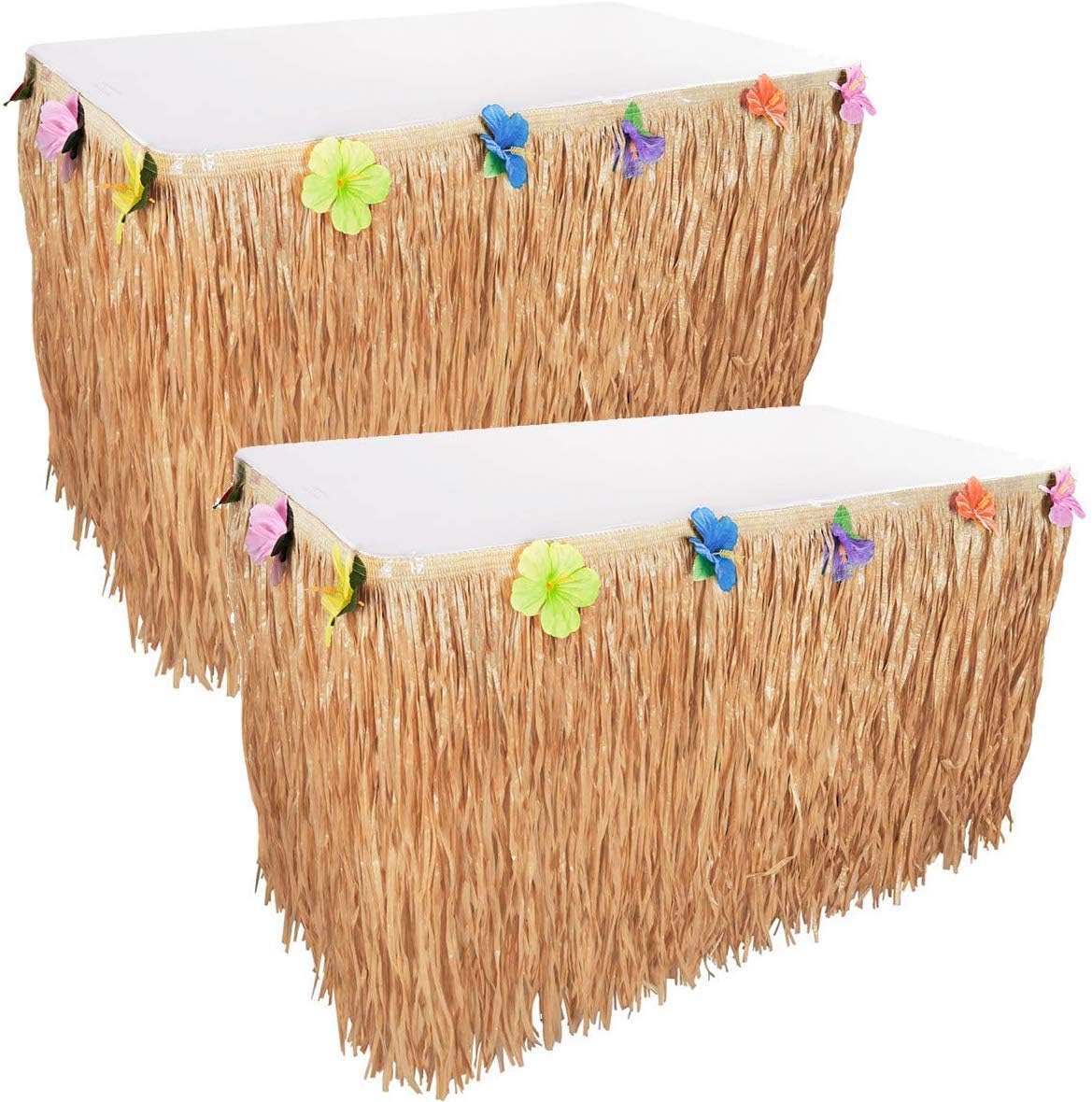 2PCS Hawaiian Luau Table Grass Skirt Hibiscus String & Colorful Flowers,9 Feet X 29 Inches for Hula Party Decoration, Birthdays