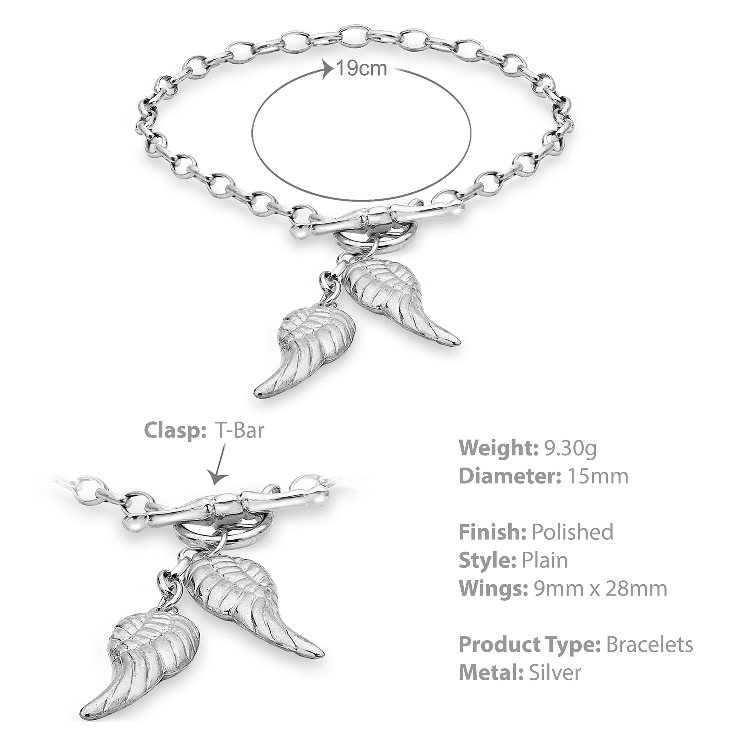 Tuscany Silver Bracciale da Donna in Argento Sterling con Charm Ali d’Angelo e T-Bar da 19 cm/7.5"