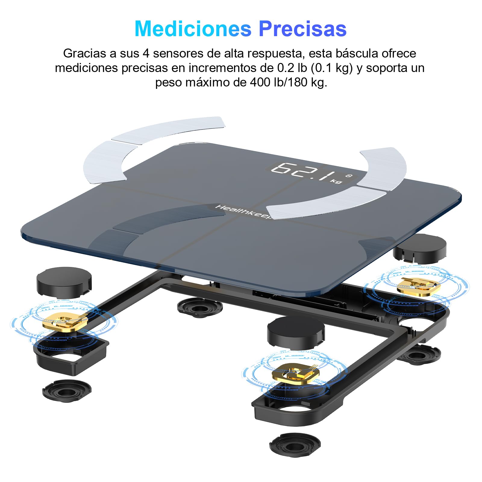 Healthkeep - Báscula conectada con Bluetooth (13 análisis de la composición corporal, incluye capacidad de 180 kg/400 lb, 28 x 28 cm