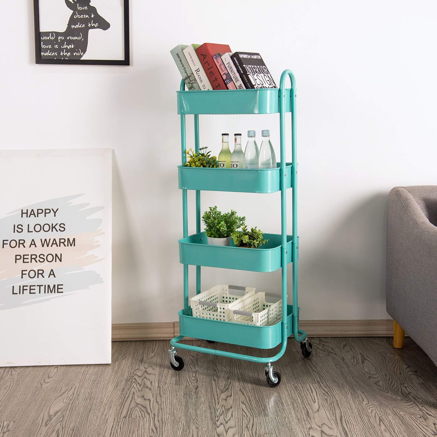 4-Tier Metal Rolling Storage Cart Organizer Cart Storage Shelves for Office, Studio,Kitchen, Bathroom (Blue)