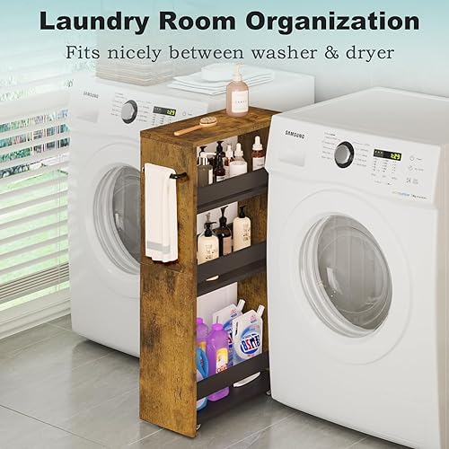 Miniatura 4 de MARTY Carrito con ruedas de 7.9 pulgadas de ancho, carrito utilitario de 4 niveles con mango de ruedas, carrito de almacenamiento de cocina delgado