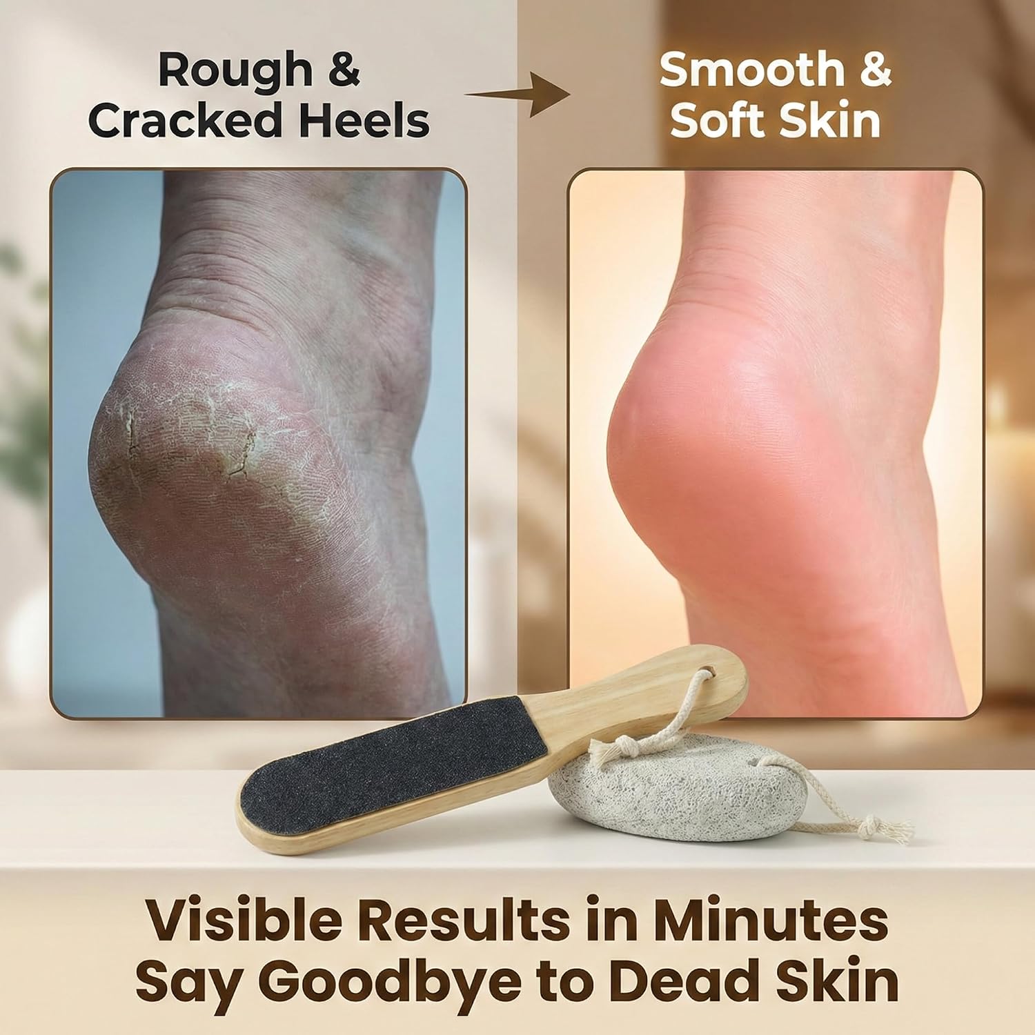 2-Piece Foot File and Pumice Stone Set, Wooden Callus Remover for Feet, Pedicure Tools for Removing Dead Skin & Hard Heels
