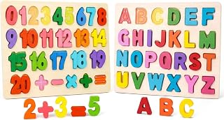 Wooden Educational Puzzle Set for Kids – Number Blocks & Alphabet Puzzle Board for Toddlers, Montessori Shape & Letter Recognition Toys, Classroom Gifts for Boys Girls Stock Stuffering