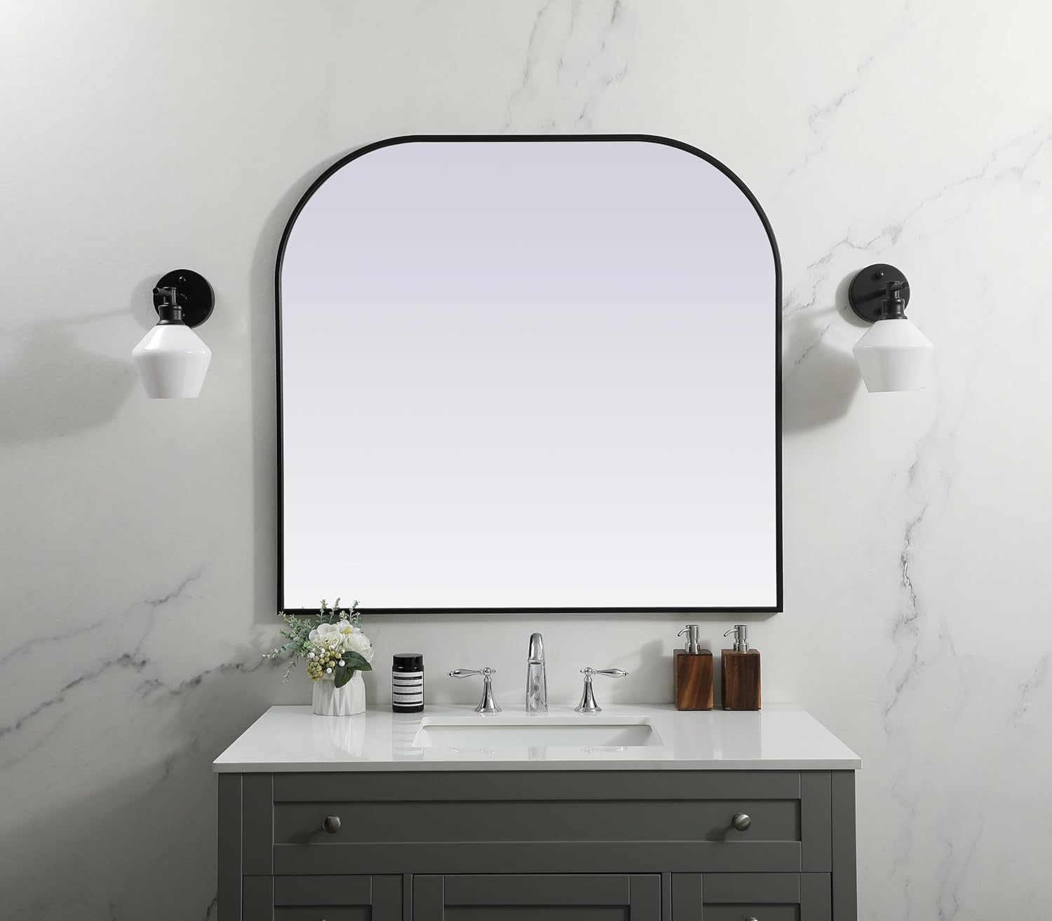 Illuminate, Metal Frame Arch Mirror 40X38 Inch in, Modern, Black