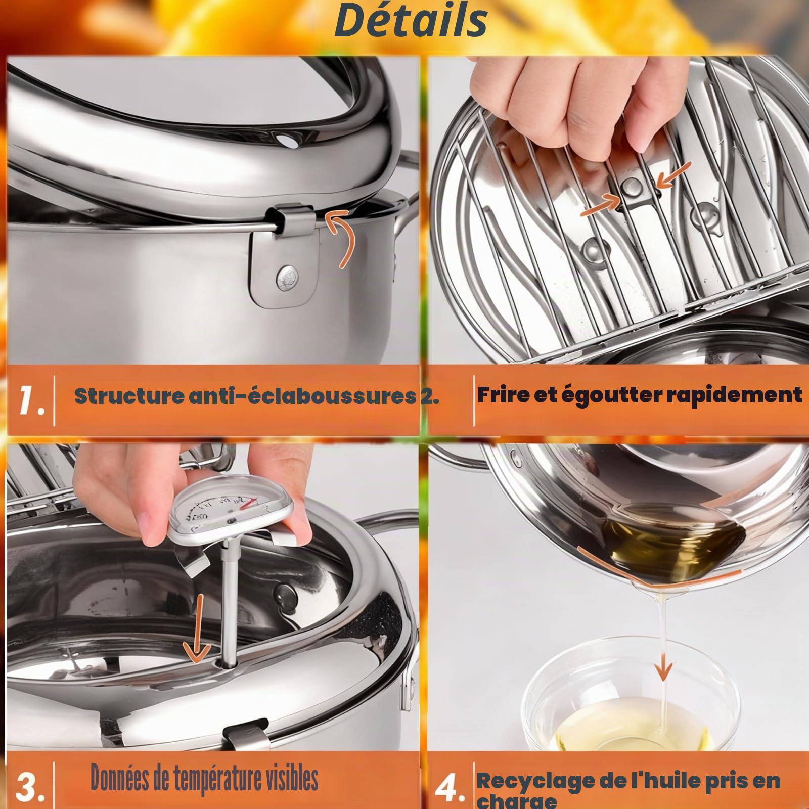 Qivine Friteuse Huile Japonaise Pot de Friteuse Tempura avec Thermomètre Tempura en Acier Inoxydable avec Grille de Vidange Amovible Pour Frire Poulet Français Poisson Sec (24 cm)
