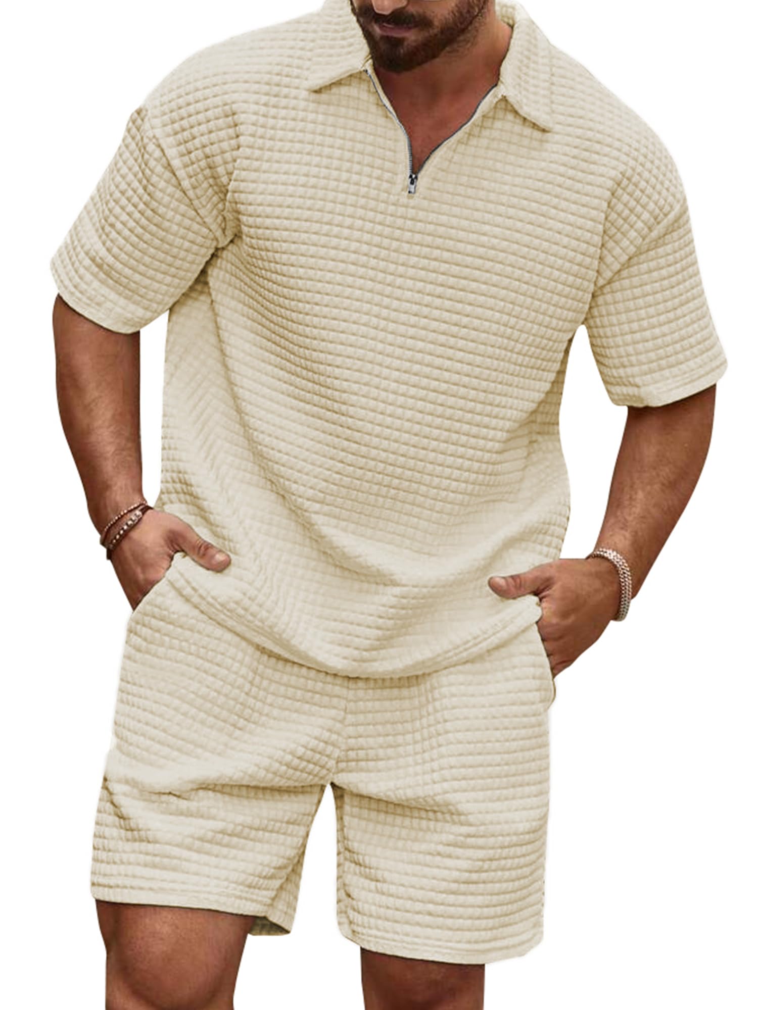 JMIERR Herren 2 Pcs Waffel Polosuit Outfits Halb Zip Polo Shirt und Short Texturiert Sommer Set S-3XL