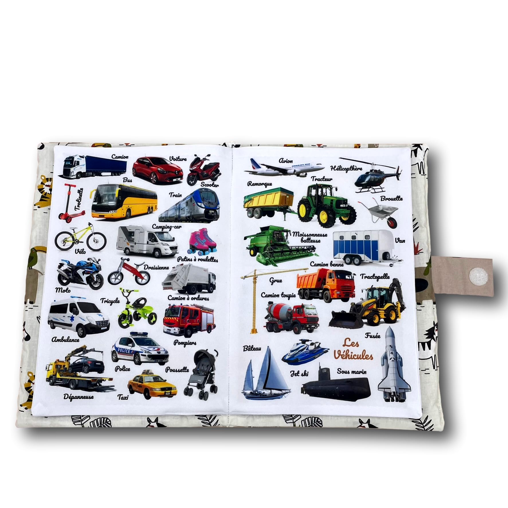 Livre d'éveil éducatif en tissu imagier photo Format A4 couverture savane, thèmes animaux, repas, véhicules, couleurs et mots