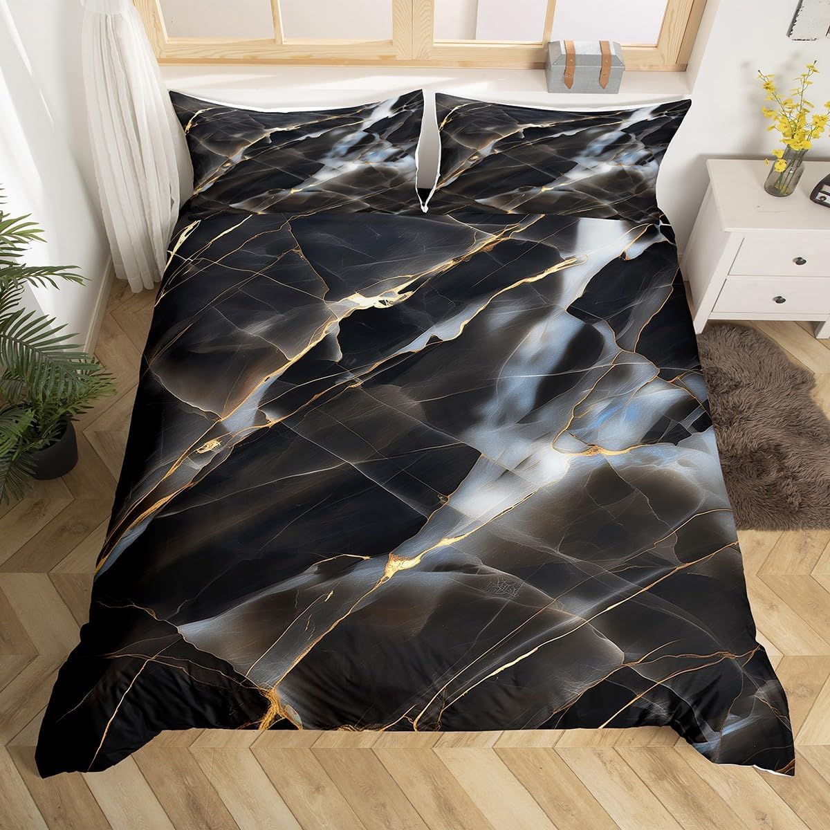 Erosebridal Abstract Dark Grey Bed Set Black Marble Comforter Cover, Gold Metallic Duvet Cover Full Size Gray Stone Pattern Bedding Set Geometric Patchwork Quilt Cover 3pcs with 2 Pillowcase
