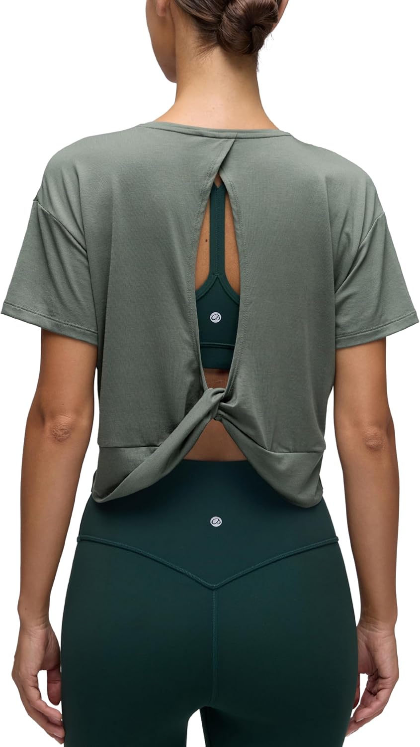 CRZ YOGA Open Back Short Sleeve Crop Top for Women Loose Athletic Yoga Workout Shirts Casual Cropped T-Shirts