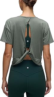 Open Back Short Sleeve Crop Top for Women Loose Athletic Yoga Workout Sh...