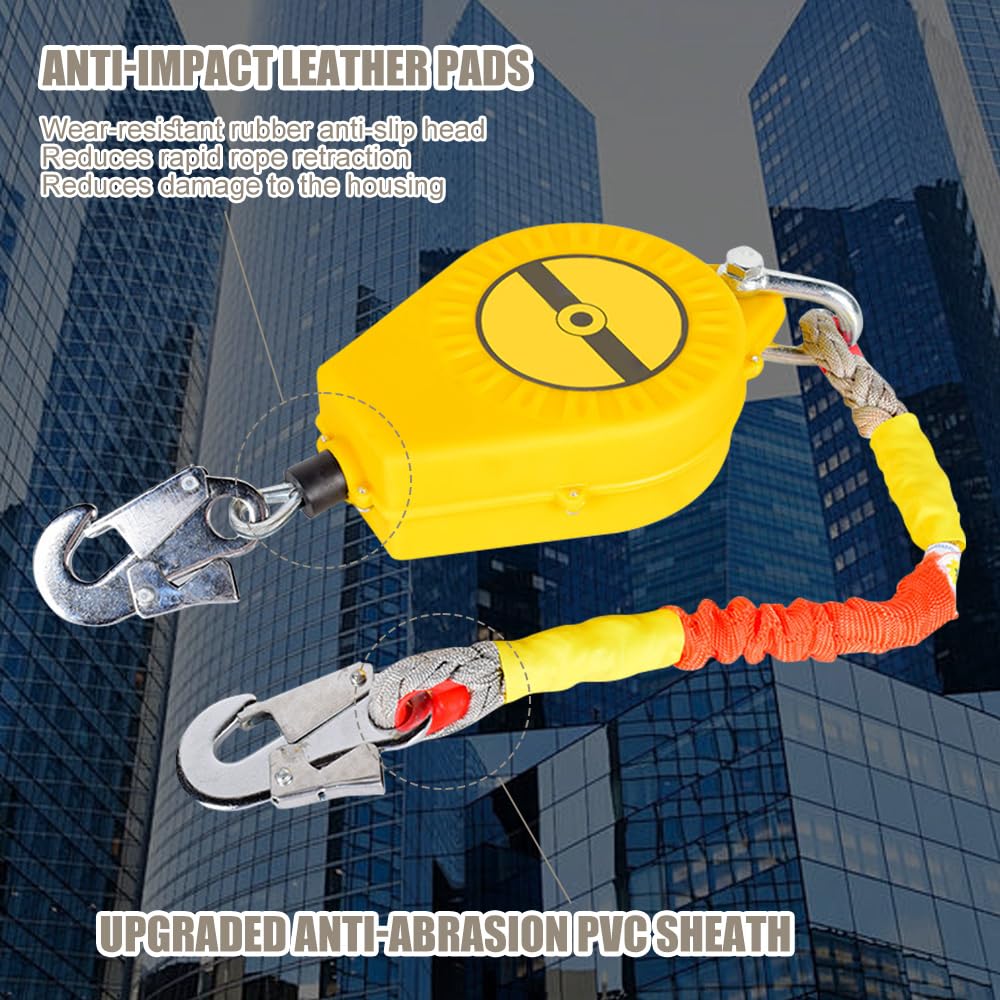 Antichute à Rappel Automatique 10m, Dispositif Anti Chute a Rappel Automatique,Ligne de Vie Auto-Rétractable,Harnais de Securite Anti Chute pour Travaux Sur Toit et Aériens,Charge: 150KG (Jaune)