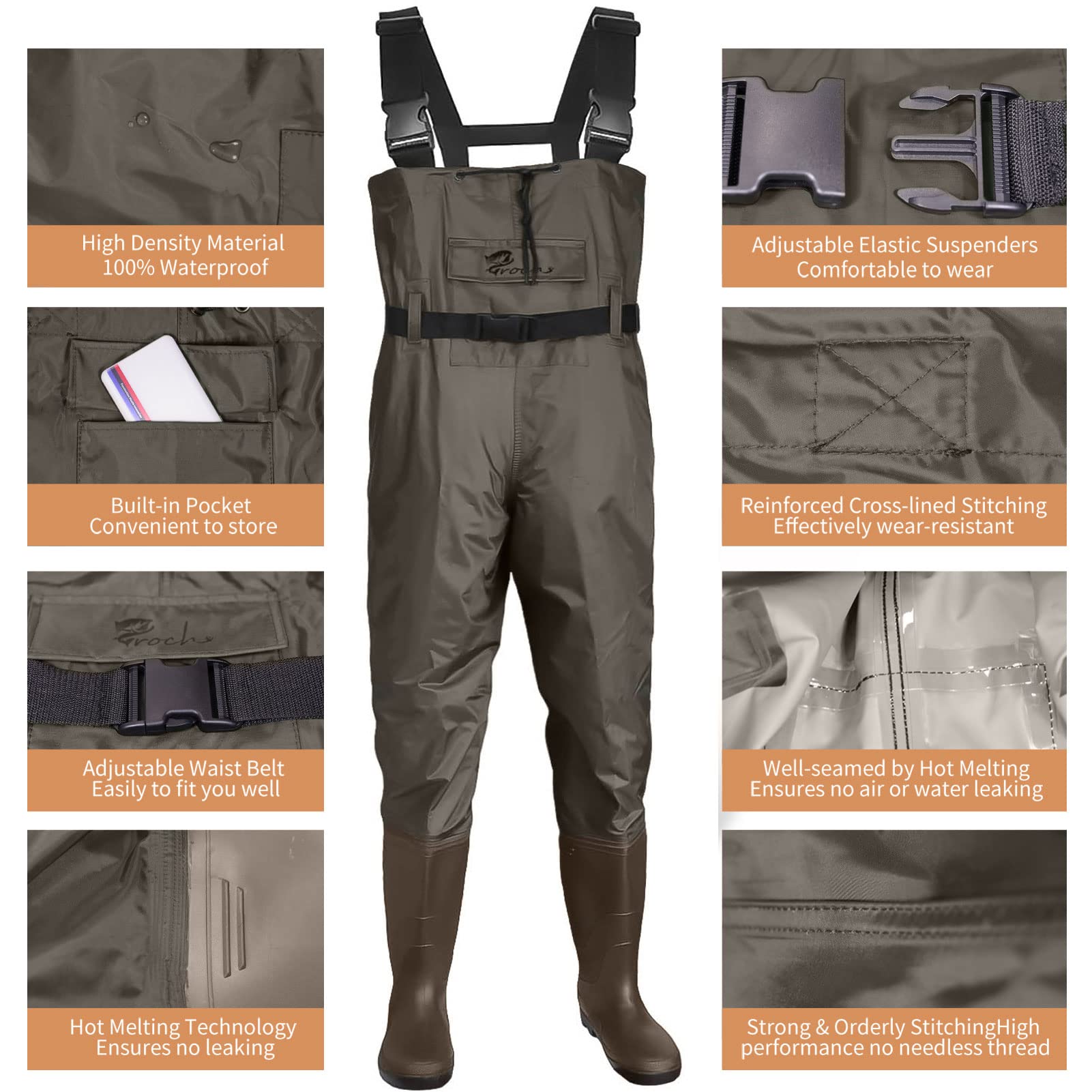Croch Pantalon de pêche pour homme et femme - Imperméable - En nylon PVC - Avec bottes en caoutchouc - Taille 38-47 - Parfaits cuissardes et pantalons de pêche