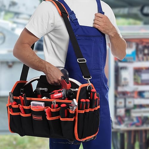 Miniatura 6 de Bolsa de herramientas de 16 pulgadas, bolsa de herramientas para electricista, bolsas de herramientas con parte superior abierta, 26 bolsillos que