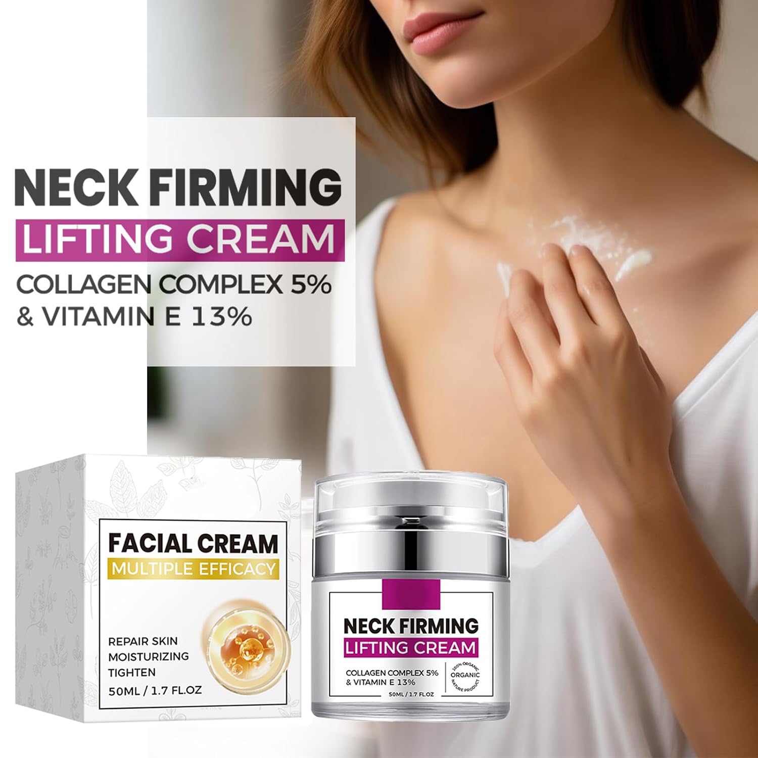 Grospe Firming Neck Cream,Collagen & Hyaluronic Acid Anti Aging Neck Creams for Tightening and Firming Visibly Reduces Wrinkles Sagging Skin Neck Firming 1.7 Fl.Oz