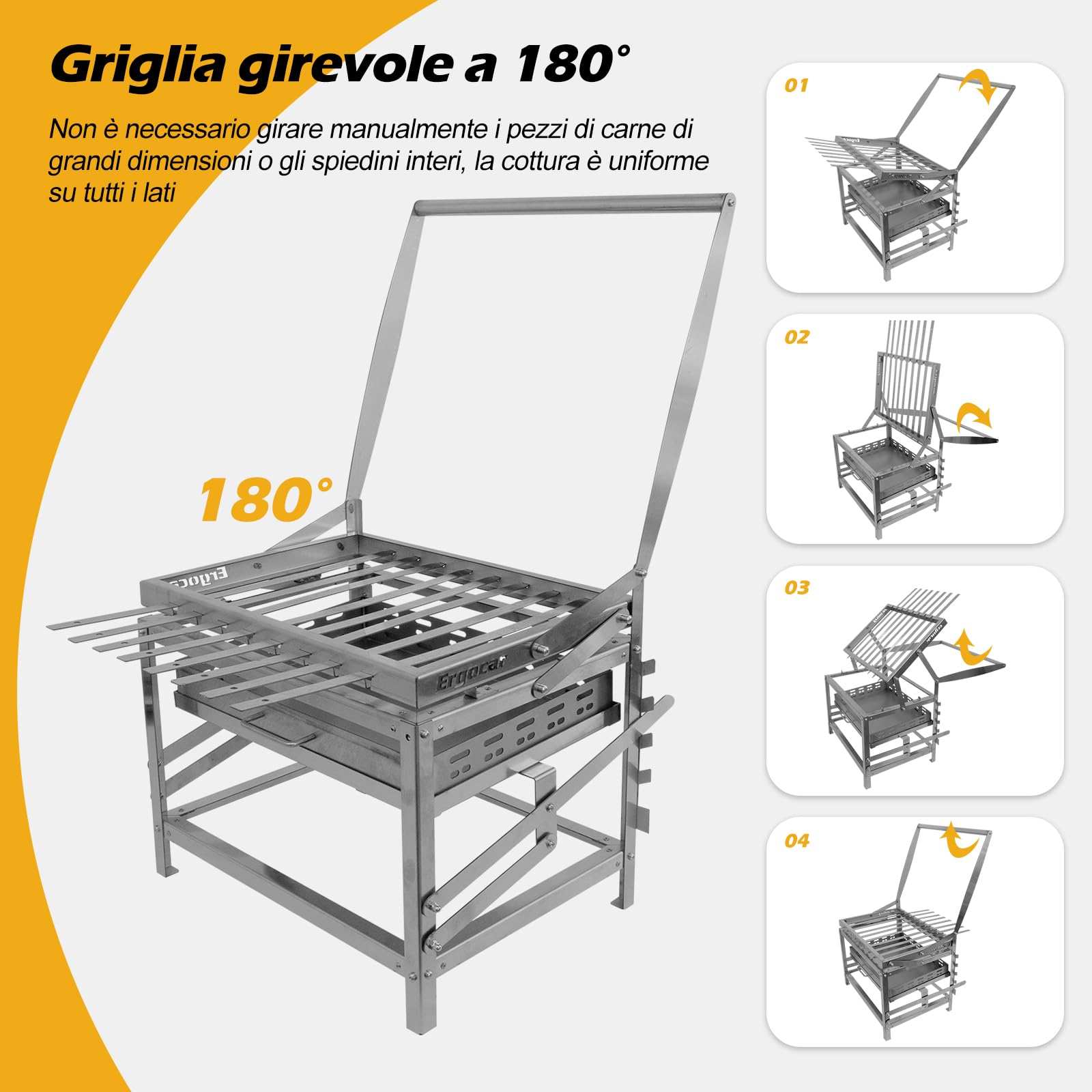 Ergocar Griglia a Carboneesterno In Acciaio Inossidabile Con Spiedini Portatile Girevole e Regolabile In Altezza 4 Ripiani Per Il Carbone Adatta Per Più Persone Ideale Per Picnic Campeggio e Grigliate