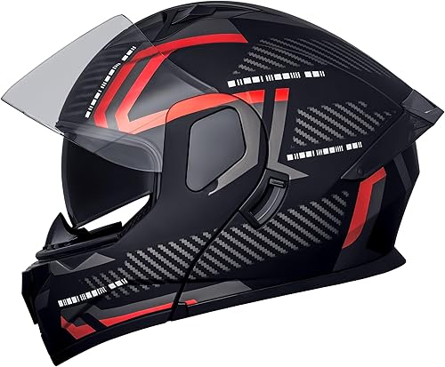 Cascos de motocicleta modulares de cara completa, Casco de motocicleta de cara completa con certificación DOT, con visor abatible dual, para Rojo