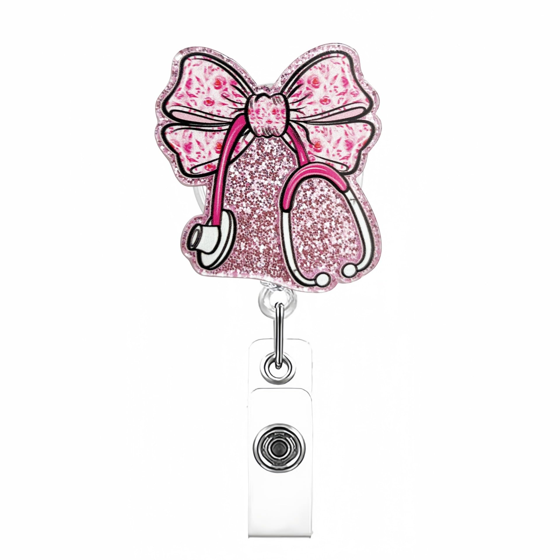 Auscultation Nurse Badge Reel Cute Bow Flower Acrylic Alligator Clip Nurse Doctor Badge Holder Summer Pink Retractable Badge Clip for Nursing Student