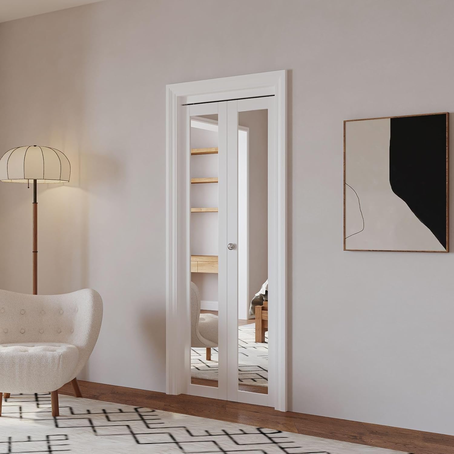 Bifold Doors, 30" x 80" Mirrored Door with Knob & Hardware Kit, Interior Folding Pantry/Closet Door, Wood Texture Panels with One Side HD Thicken Mirror, Easy Install