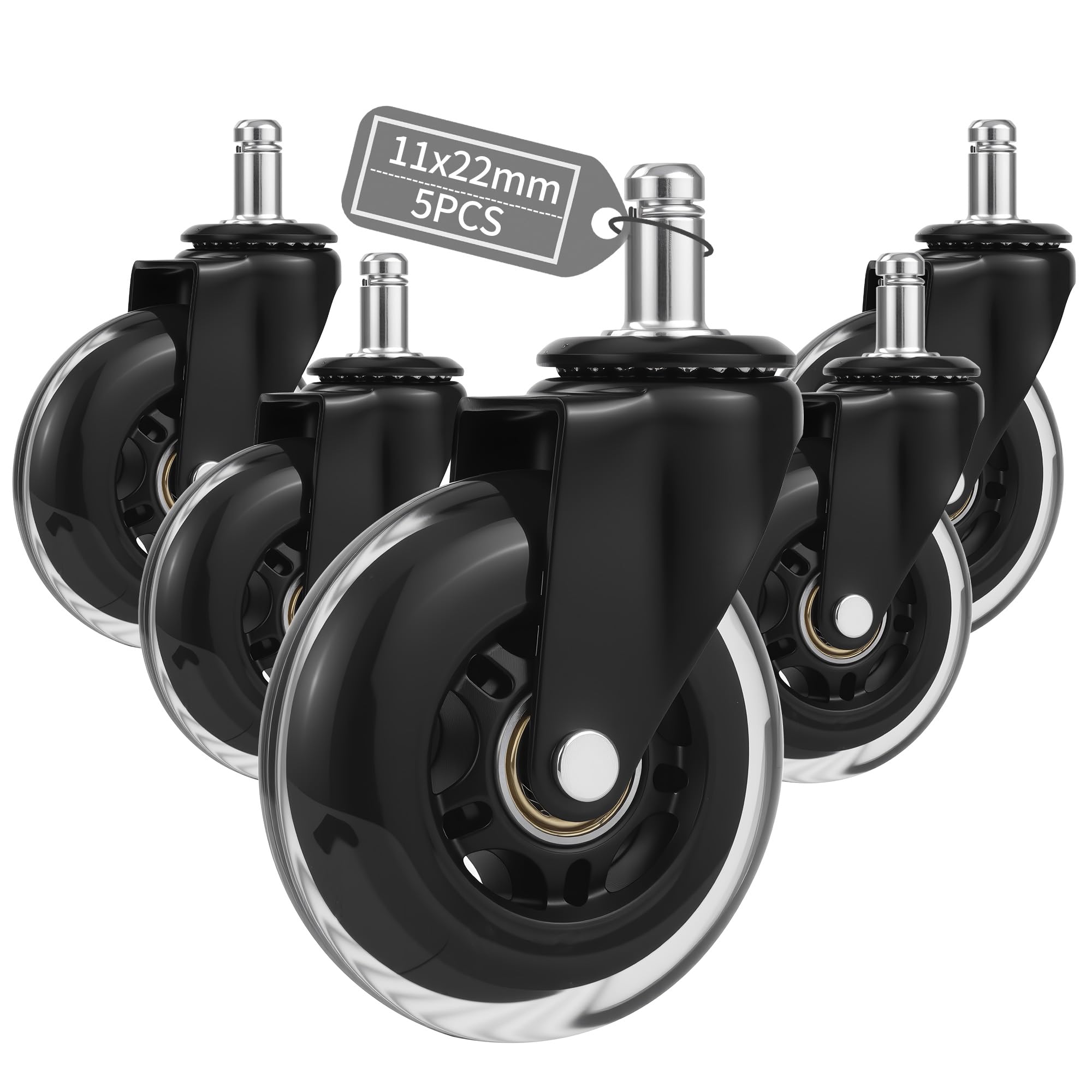 5 Pieces Office Chair Casters, Office Chair Casters 11mm x 22mm, Max 300kg, Smooth and Ultra Quiet 360 Degree Rotation for Hard Floors, Panels, Carpet, Laminate and Tiles