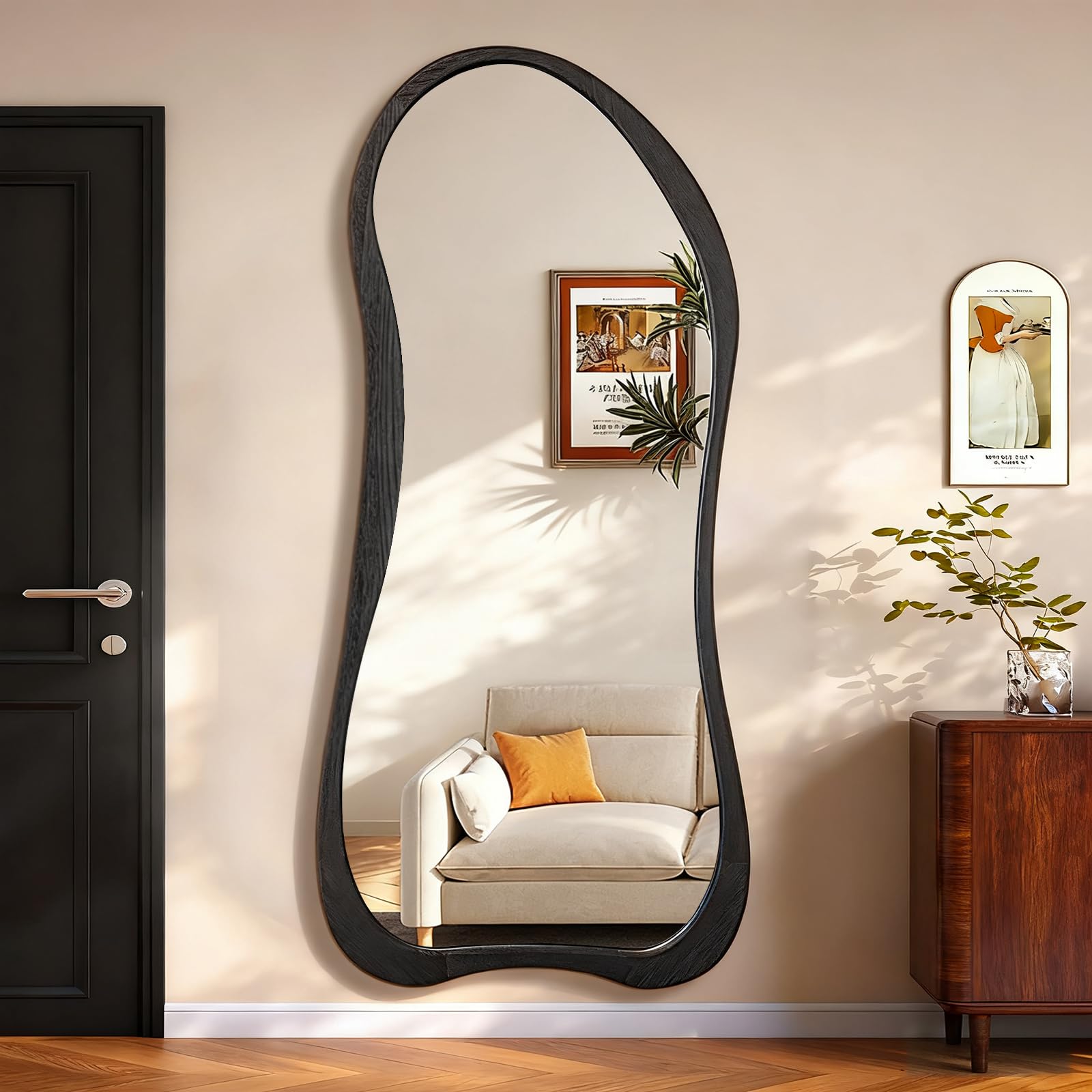 AAZZKANG Mirror Full Length Black Large Irregular Full Body Mirrors with Wooden Frame 180x80cm Asymmetrical for Bedroom Living Room Entryway Hallway Decorative