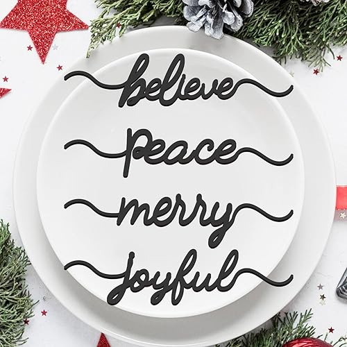 Miniatura 8 de Recortes de Navidad, tarjeta de lugar de mesa de madera, con texto en inglés "Believe Merry Peace Joyful", ajustes de lugar de vacaciones para