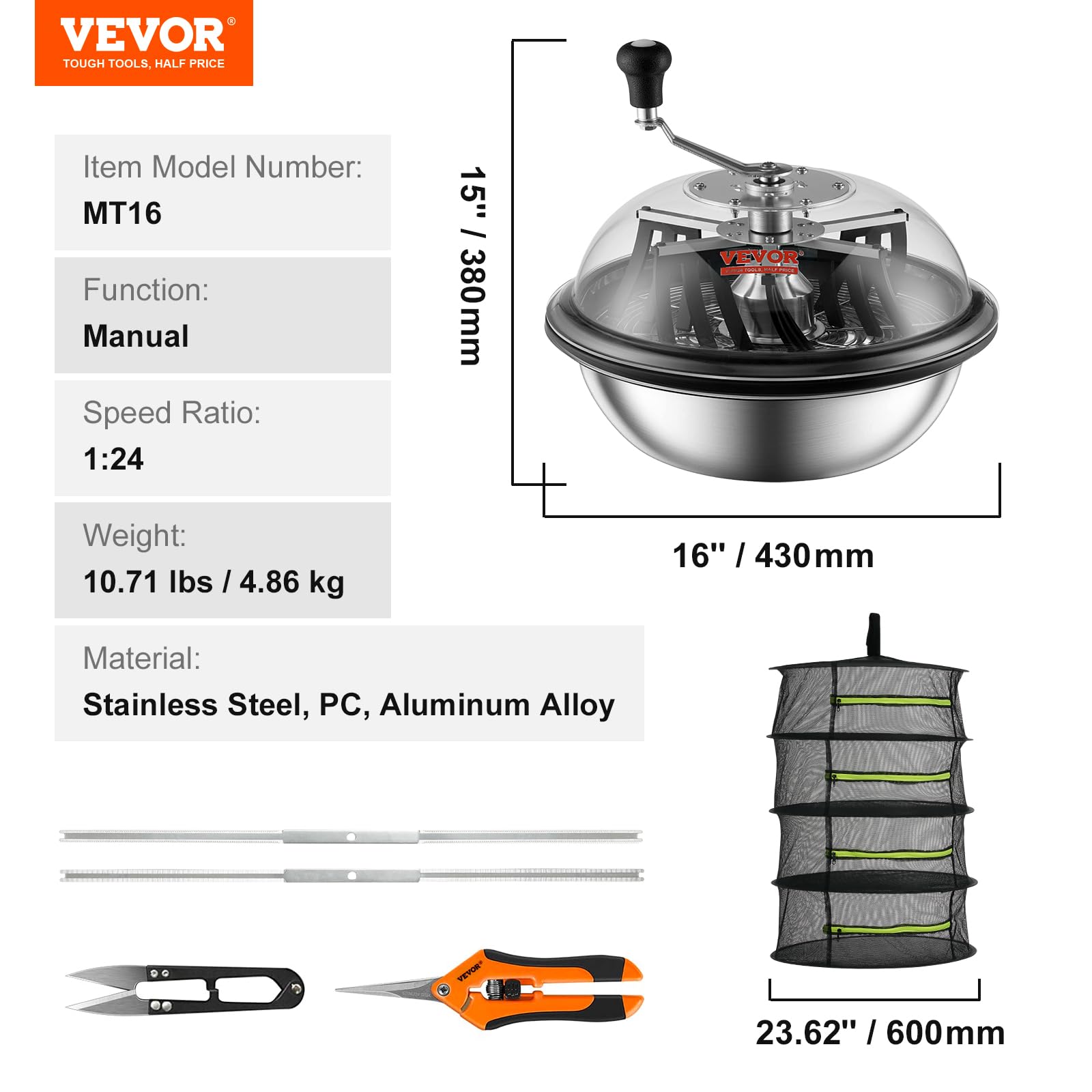VEVOR Effeuilleuse Manuelle Bol 41 cm Coupe-feuilles avec Lames en Acier Inoxydable Machine à Effeuiller Coupe en Spirale Visible Support Pliable Coupe Herbe Élagueur Manuel Inclus pour Séchage Herbes