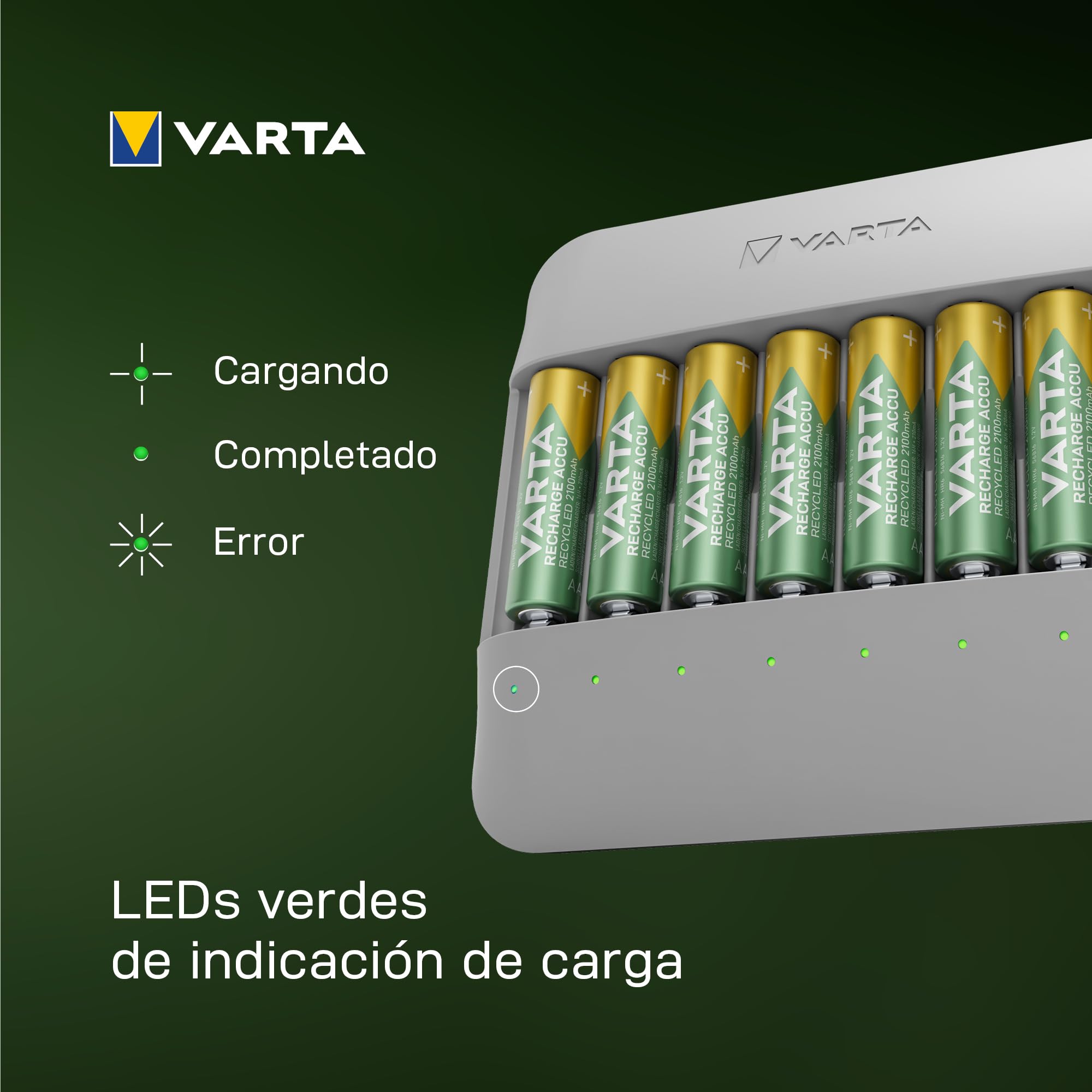 VARTA Cargador para 8 AA/AAA Pilas Recargables, Eco Charger Multi Recycled | para pilas recargables NiMH, 75 % de material reciclado, Incl. 8x AAA 2100 mAh