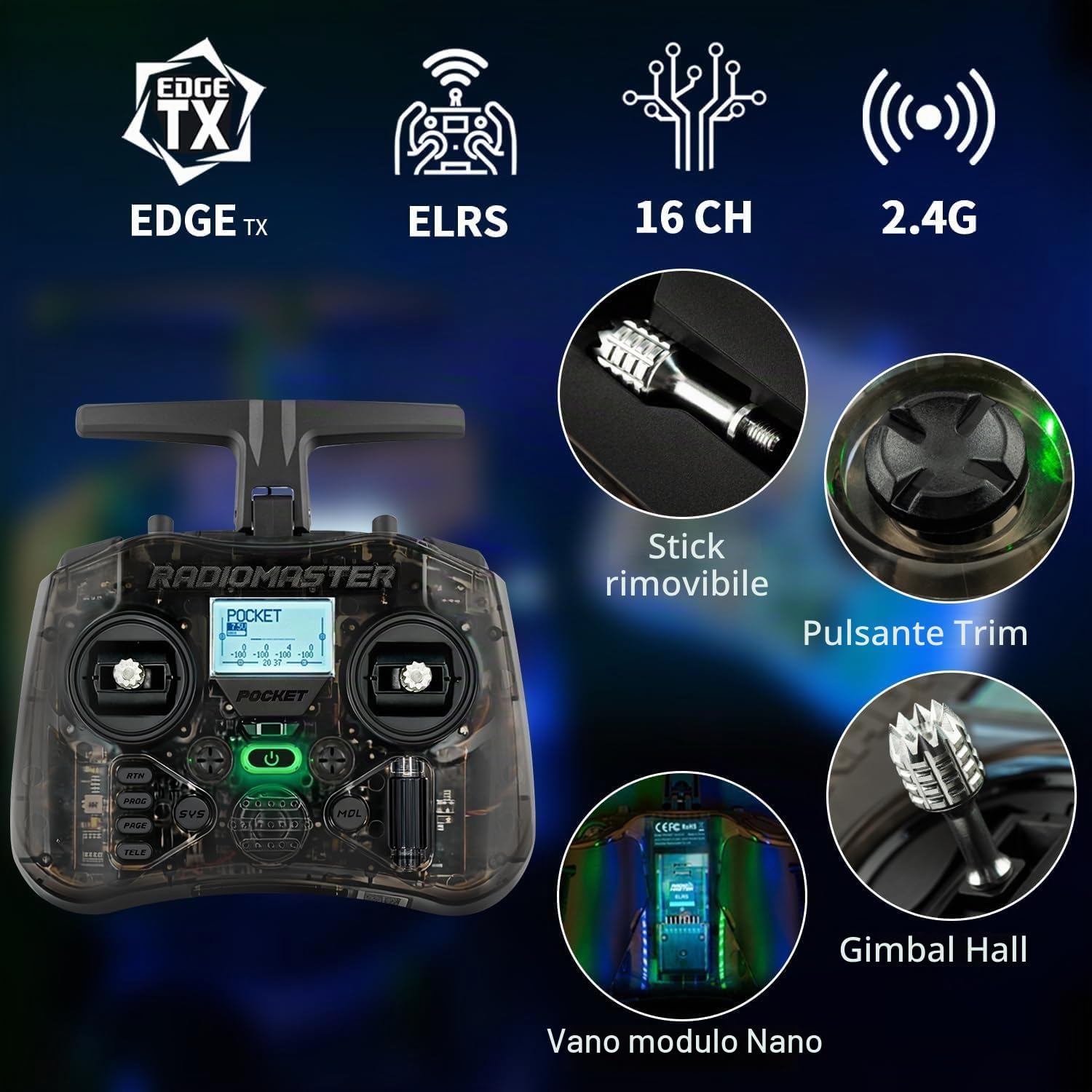 Telecomando Radiomaster Pocket ELRS - Trasmettitore EdgeTX Portatile con Joystick ad Effetto Hall e Luce LED, Compatibile con droni FPV/elicotteri RC, auto RC, barche RC e multirotori