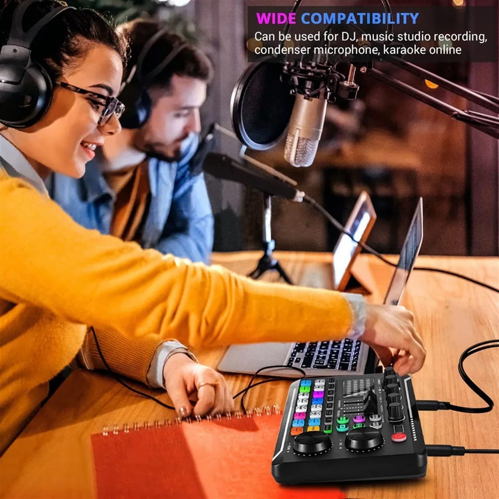 F998 Tarjeta de sonido en vivo Mezclador audio Podcast, cambiador voz for tablero efectos for micrófono Principiantes y profesionales.