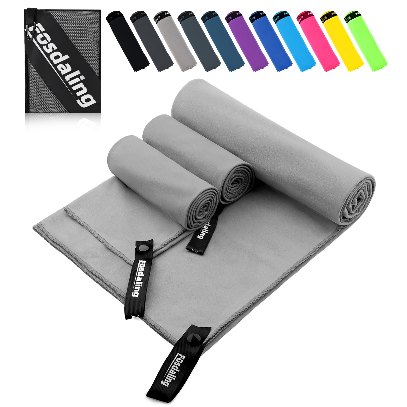 Microvezel handdoek, set van 3, groot 200 x 100 cm en 2 kleine 80 x 40 cm, sneldrogende microvezel sporthanddoek, voor reishanddoek, badhanddoek, fitness en sporthanddoeken en strandhanddoek