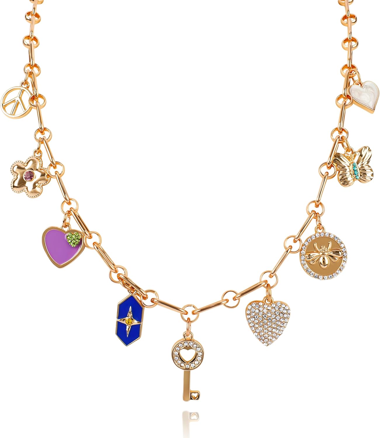 Gold Charm Necklace for Women Gold Plated Chain Pendant Necklace with Cute Dangle CZ Love Heat Lock Key Star Clover Cross Pendant Adjustable Trendy Y2K Party Jewelry Gift for Teen