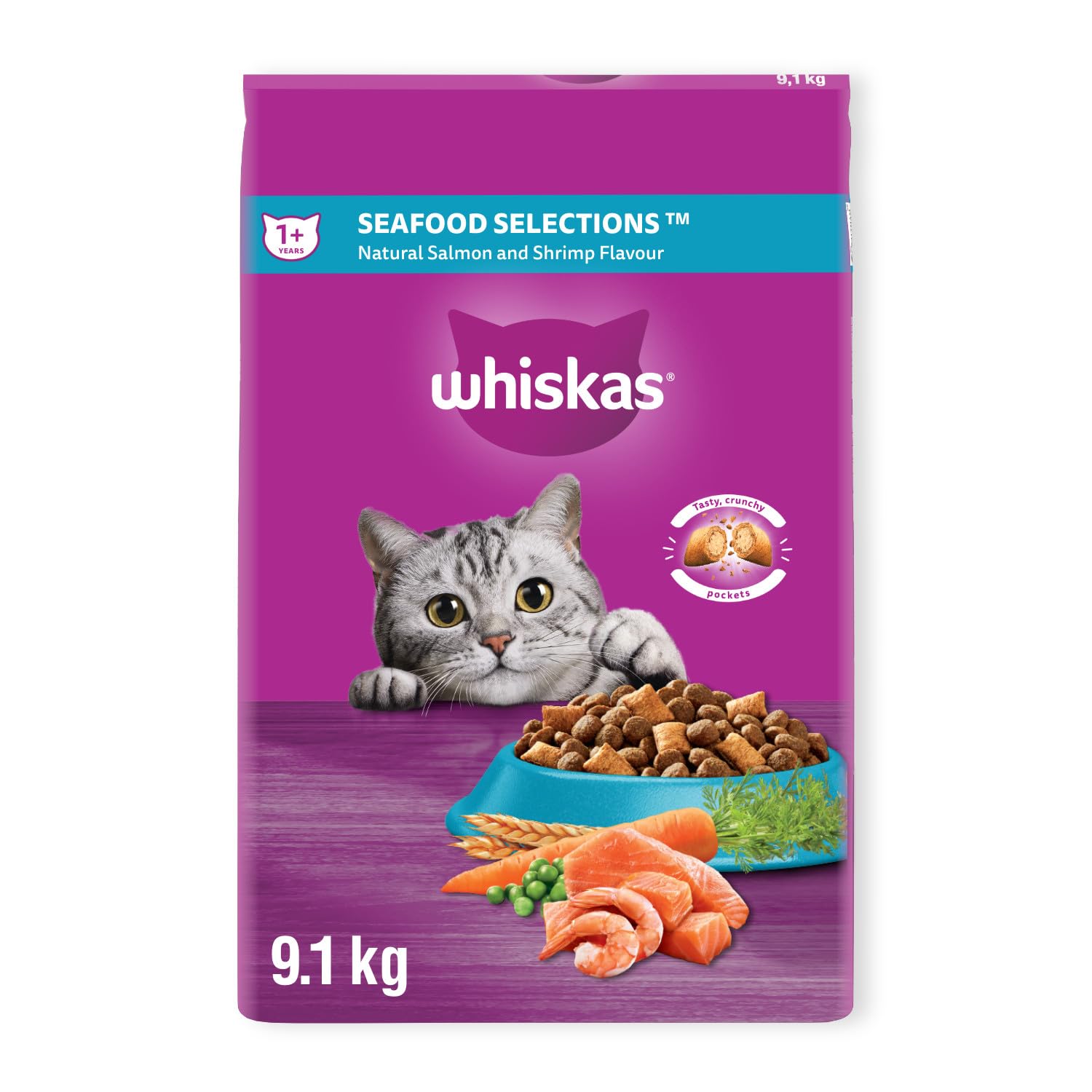 WHISKAS Seafood Selections Dry Cat Food With Real Salmon, 9.1kg Bag image 5