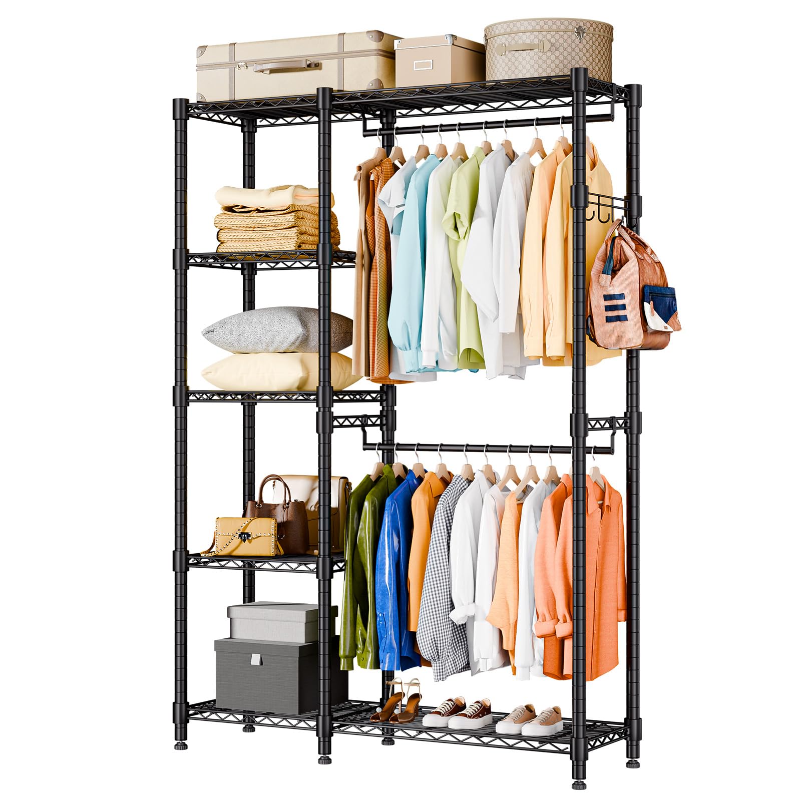 Himimi Open Wardrobe for Bedroom, Heavy Duty Clothes Rail with 2 Hanging Rods & 5 Tier Adjustable Wire Shelves, Metal Garment Rack, Free Standing Clothes Storage Organiser, 114 x 44 x 195 cm, Black