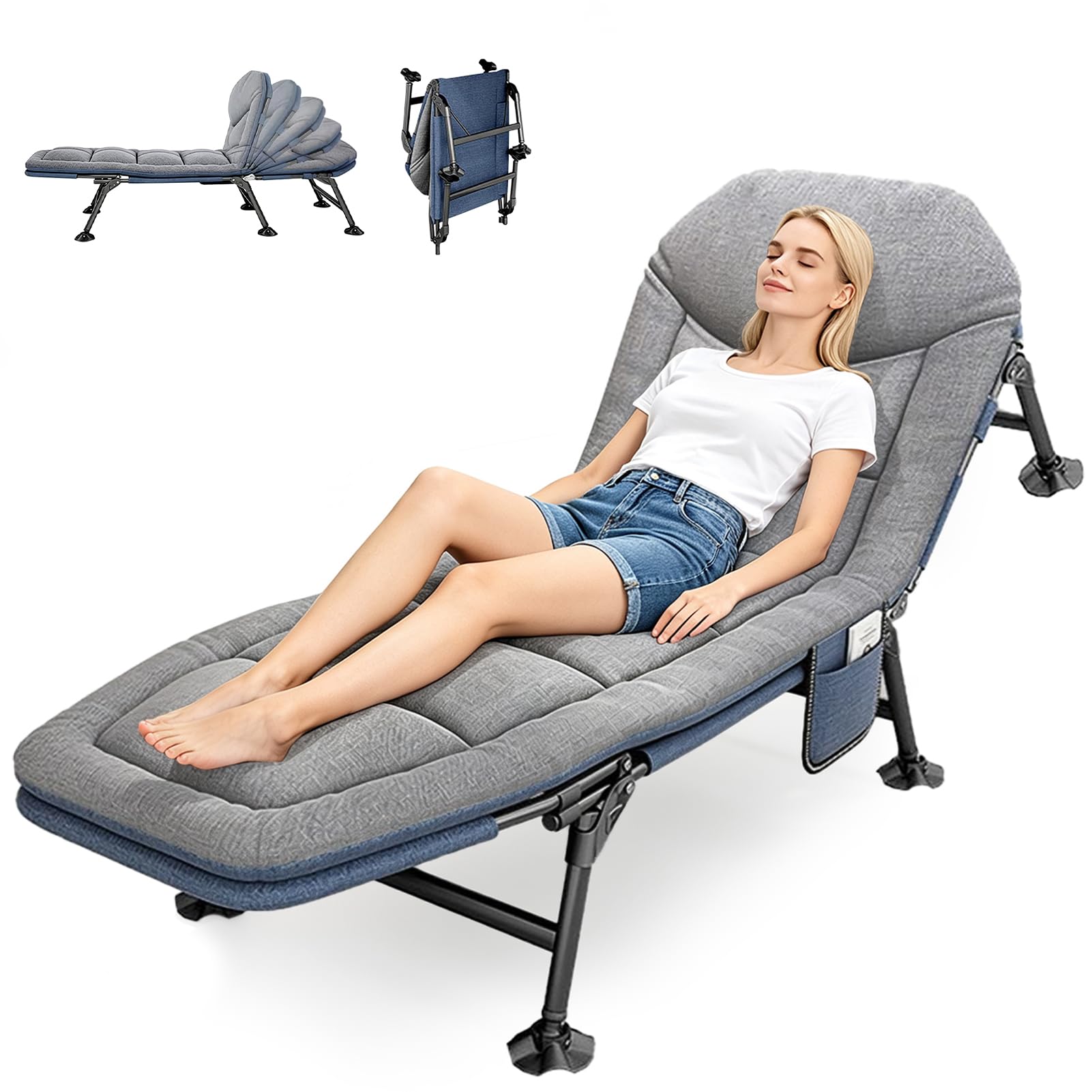 Lit de camp pliable - 190 x 68 x 30 cm - Chaise longue de jardin pliable - Charge maximale : 150 kg - Avec matelas - Lit de camping réglable - Gris