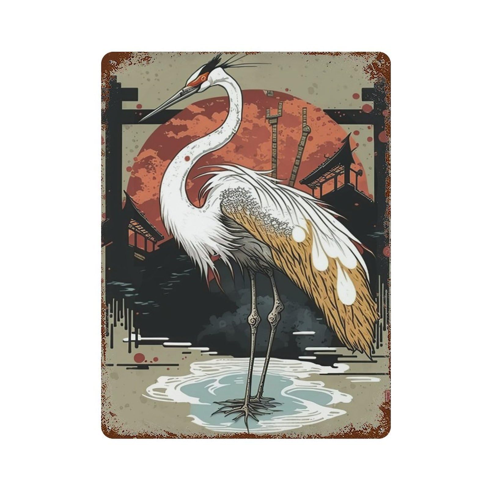 Crane Japan Weathered Tin Sign 15.7"x11.8", Novelty Wall Decor for Garage, Pub Or Kitchen