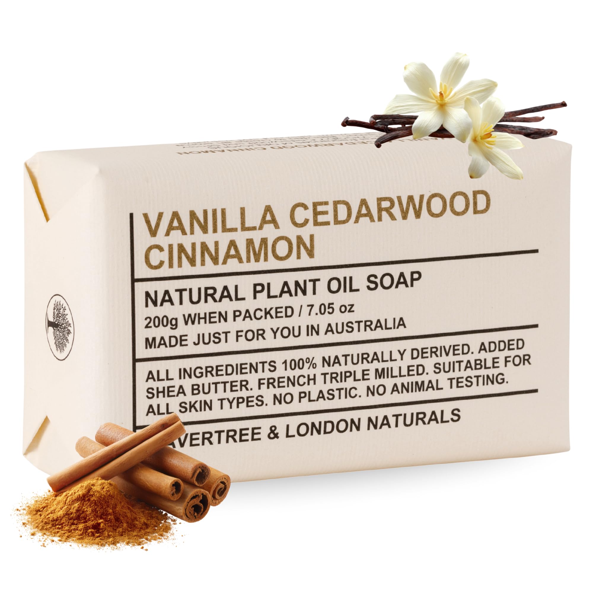 Wavertree & London Vanilla, Cedarwood, & Cinnamon Scented 100% Natural Soap Bar, 7oz Moisturizing French Triple Milled Soap Bar for Women & Men, Pure Bath & Body Soap (1 Bar)