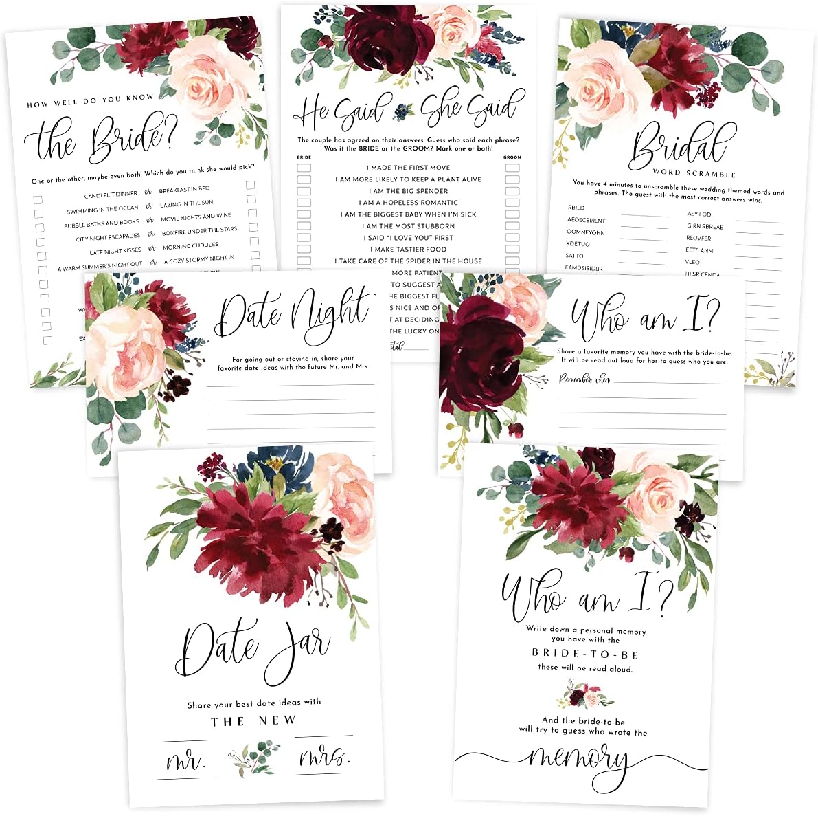 Burgundy Floral Bridal Shower Games - Set of 5 Activities for 50 Guests - for Marsala Bridal Decorations Theme
