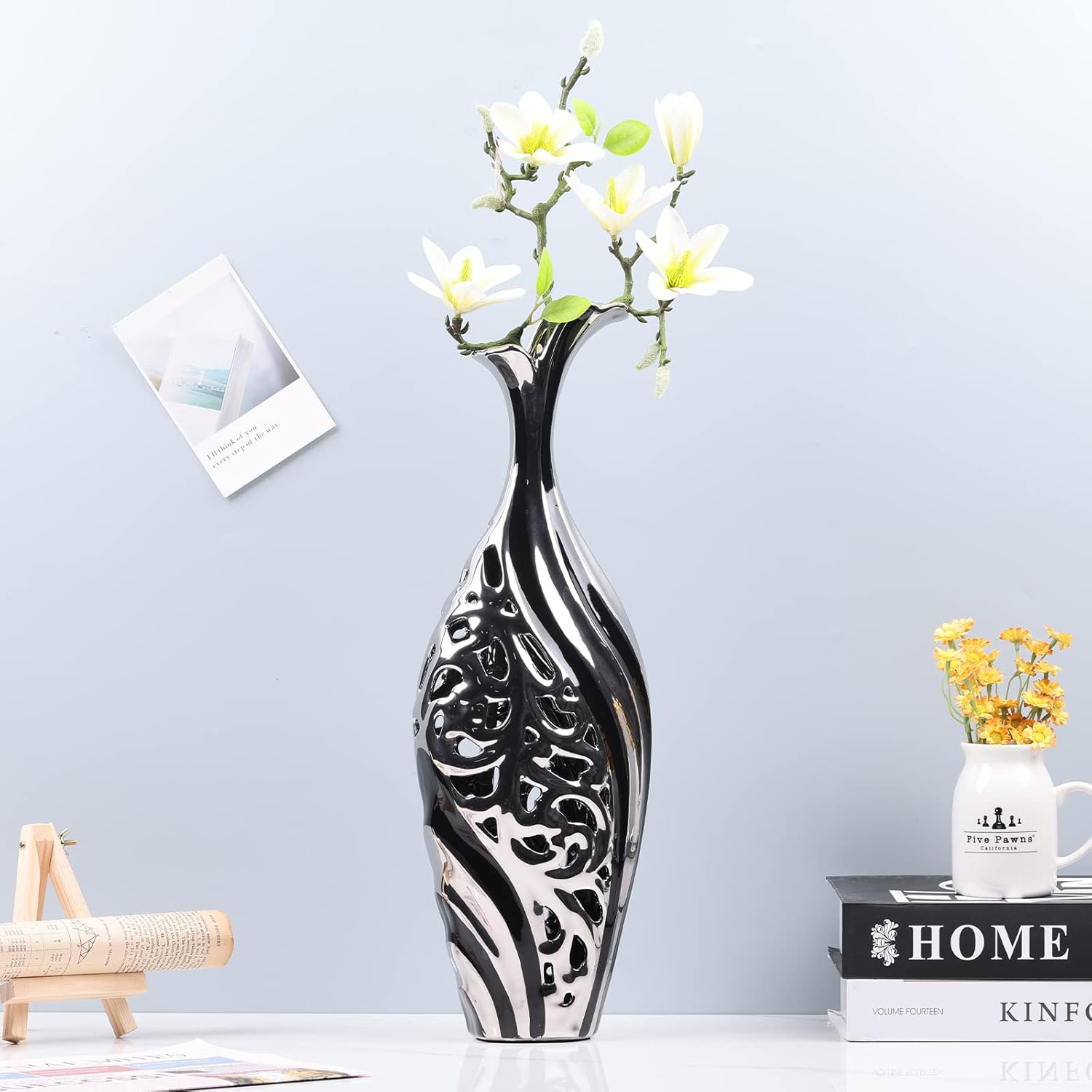 19 inch Tall Floor vase, Black and Silver Ceramic vase, Pottery Decorative vase, Unique Pampas Grass vase Suitable for Living Room Floor, Home Office, Porch Home Centerpiece Decorative Large vase