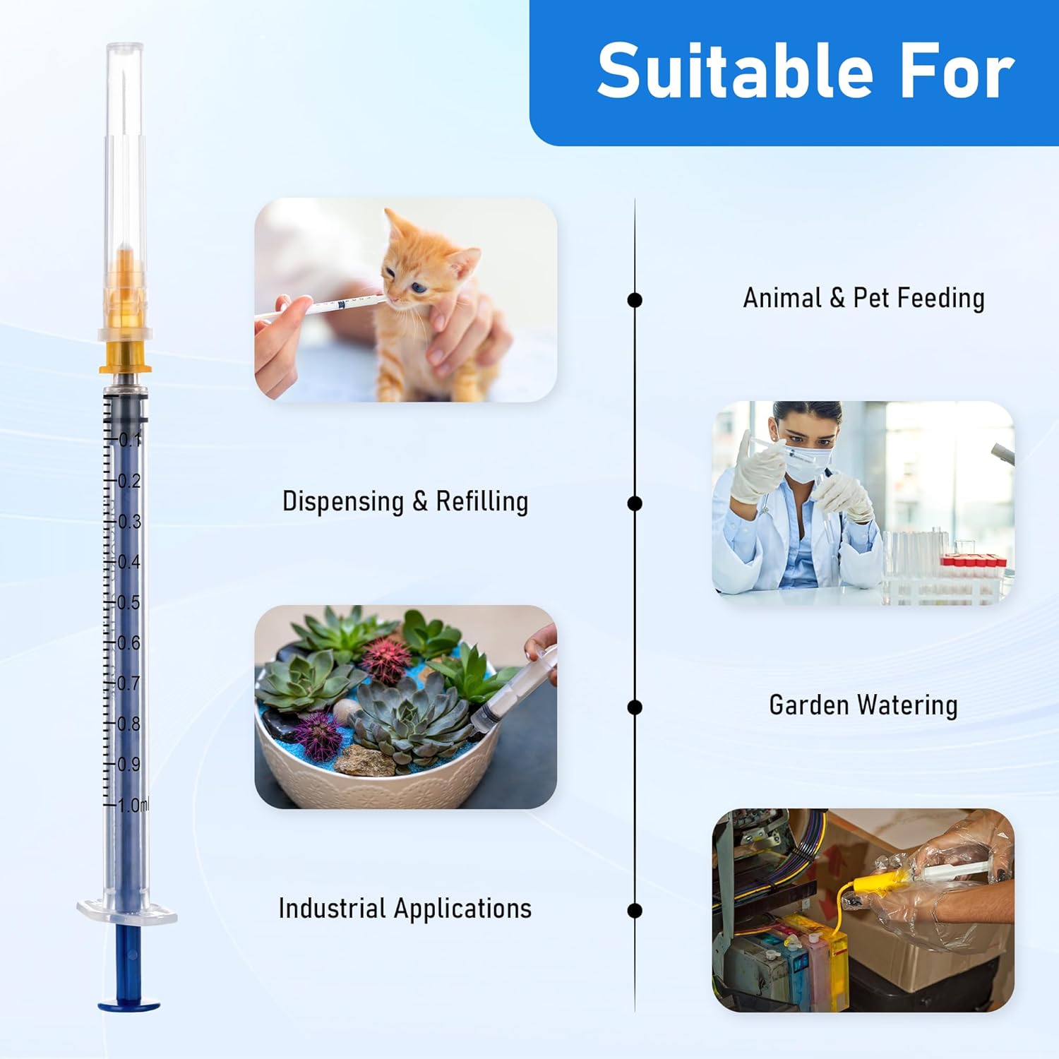 100 Pack 1ml 25 Gauge 1 inch Disposable Syringes with Needle 1cc Luer Slip Syringe for Scientific Lab Use, Individually Wrapped