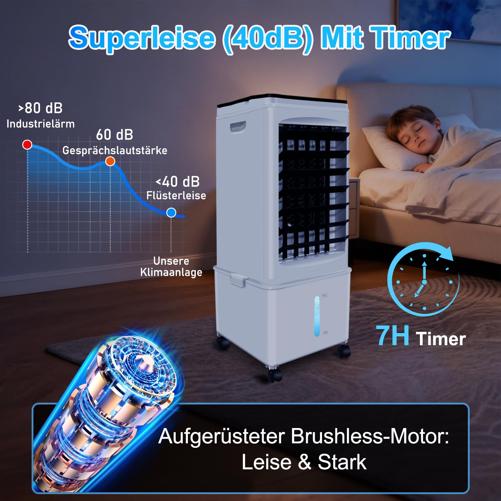 Climatizzatore senza tubo di scarico, 10 L, 60 W, condizionatore d'aria mobile con timer da 12 ore, 40 dB, oscillazione a 120°, serbatoio dell'acqua rimovibile, telecomando, silenzioso, portatile, per