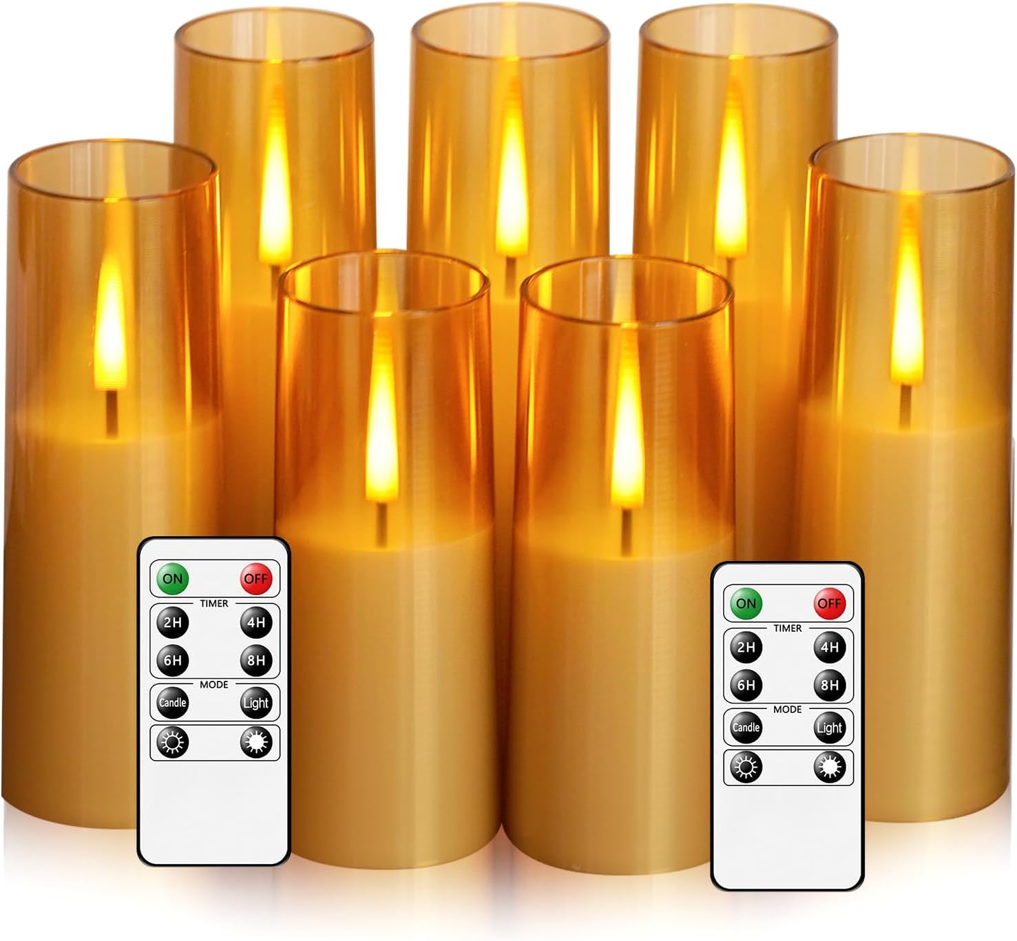 Flickering Flameless Candles 7Pcs Upgraded Realistic Dancing Flame Battery Operated Candles,LED Candles with Remote and Timers,Acrylic Electric Pillar Candles for Festivals Decor(Gold)