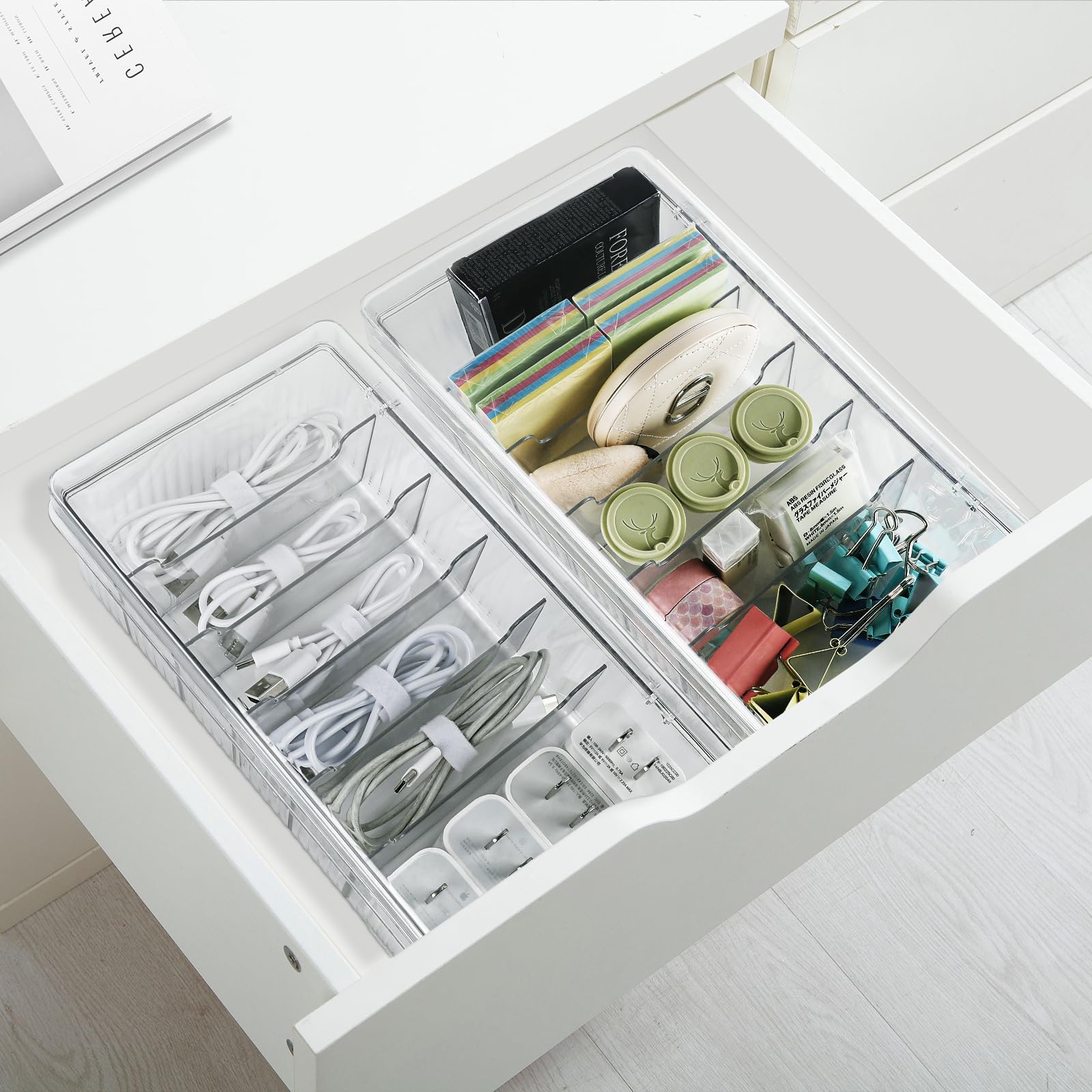 Boîte de Rangement pour Câbles (2 pièces), Boîte de Rangement pour Câbles à 6 Compartiments, Boîte de Gestion des Câbles avec Rouleau de Serre-Câbles pour Le Rangement sur Bureau, Bureau