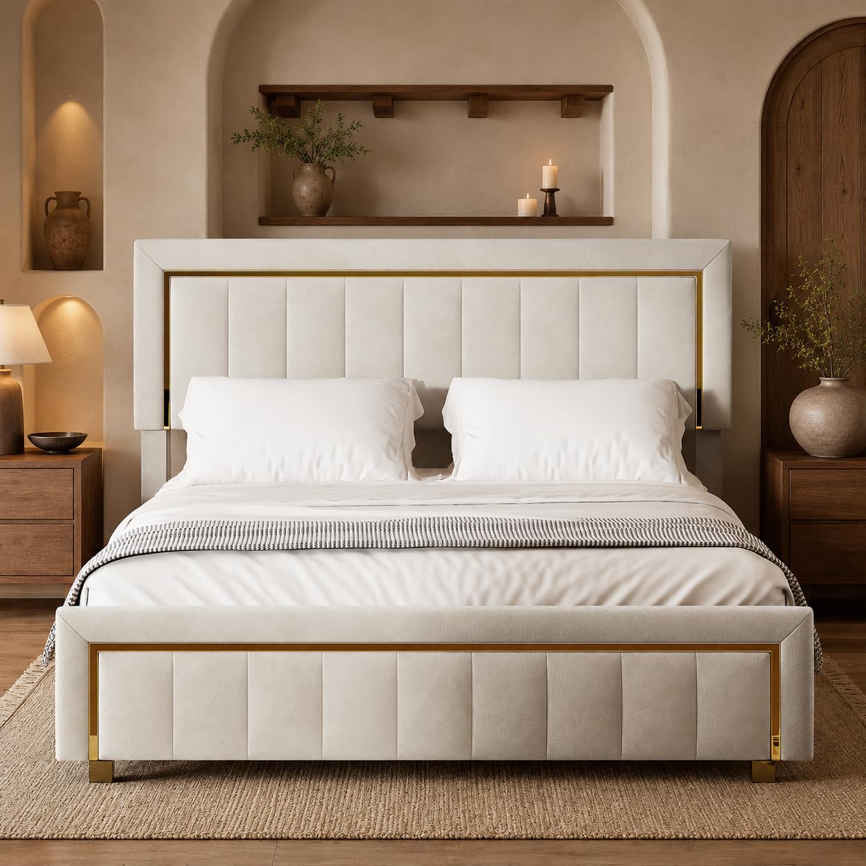 Cama de Matrimonio 140x200 cm con Canapé Abatible, Cama Tapizada de Terciopelo con Gran Espacio de Almacenamiento, Cabecero y Pie de Cama Acolchados, sin Colchón, Beige