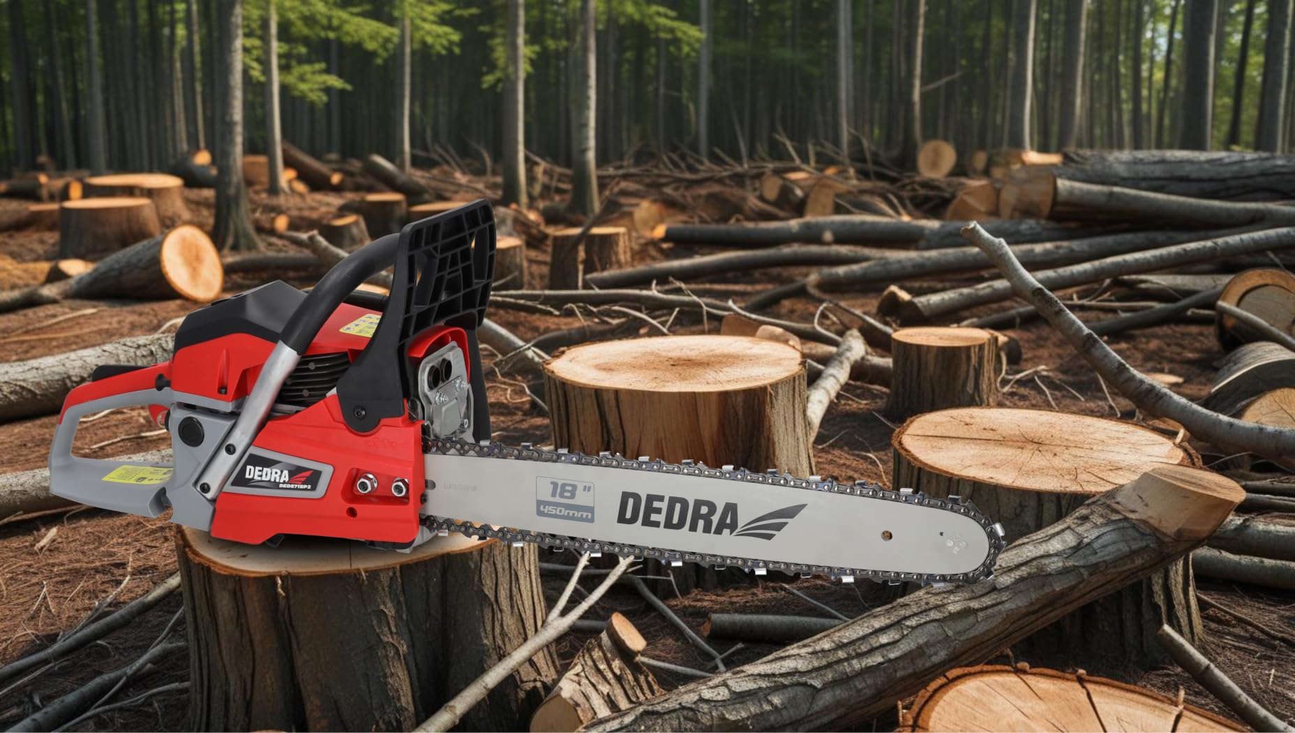 Benzynowa piła łańcuchowa 2,4 kW 58 cm³, DEDRA DED8718P2, dwie prowadnice: 18" (45 cm) i 16" (40 cm), dwusuwowy cylinder, chłodzony powietrzem, prędkość łańcucha 25 m/s