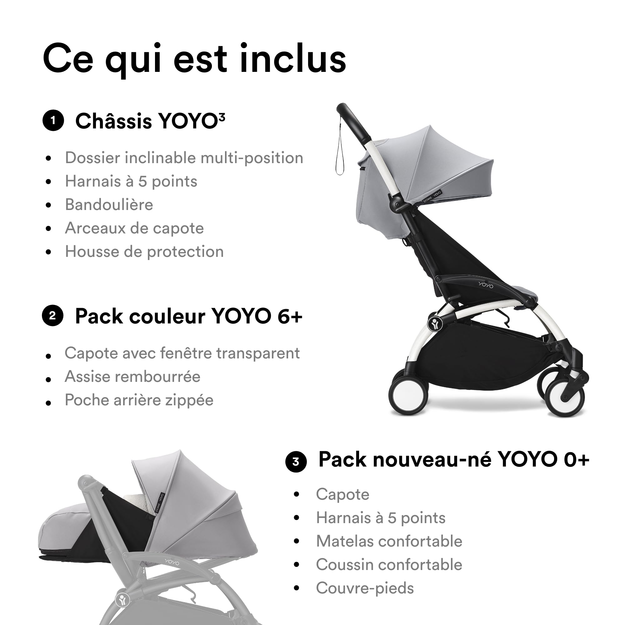 Poussette Stokke YOYO3 avec pack nouveau-né et pack couleur 6+ - Comprend un cadre blanc, un pack couleur YOYO 6+ (Stone) et un pack nouveau-né 0+ (Stone)