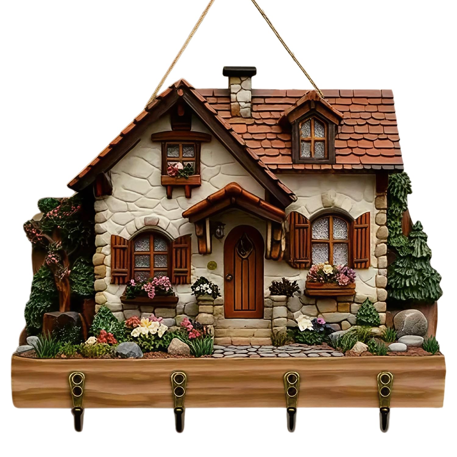 Vixano Key Holder for Wall, 2D Fairy Tale House Key Organiser with 4 Hooks, Retro Hallway Decor for Coat Bag and Keychain, Decorative Key Rack for Entryway, Walls, Mudroom, Bedroom